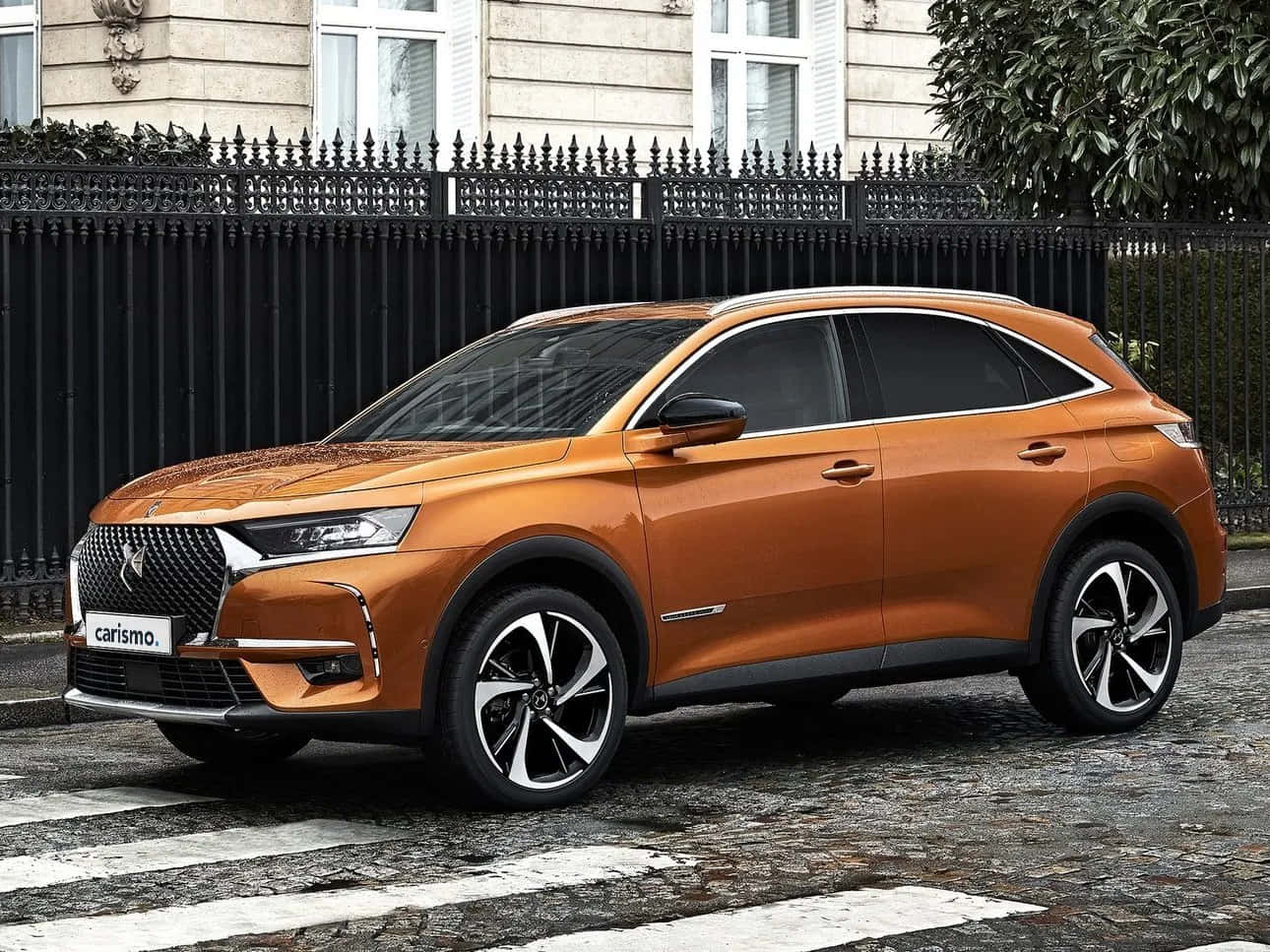 DS 7 Crossback E-Tense, orange, cobblestone street, HD Desktop Wallpaper