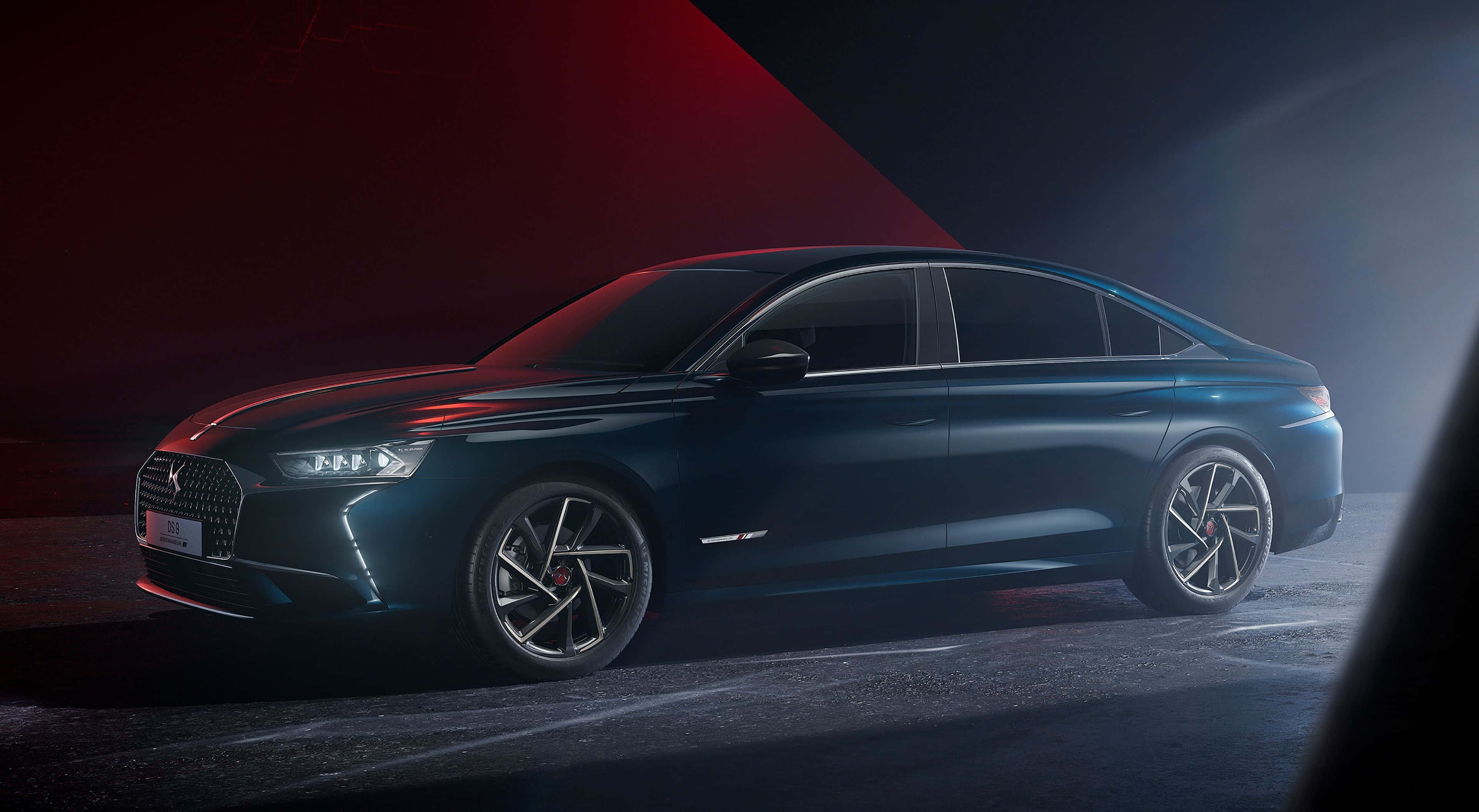 DS Automobiles, dark blue sedan, dramatic red and blue studio lighting, 4K Desktop Wallpaper