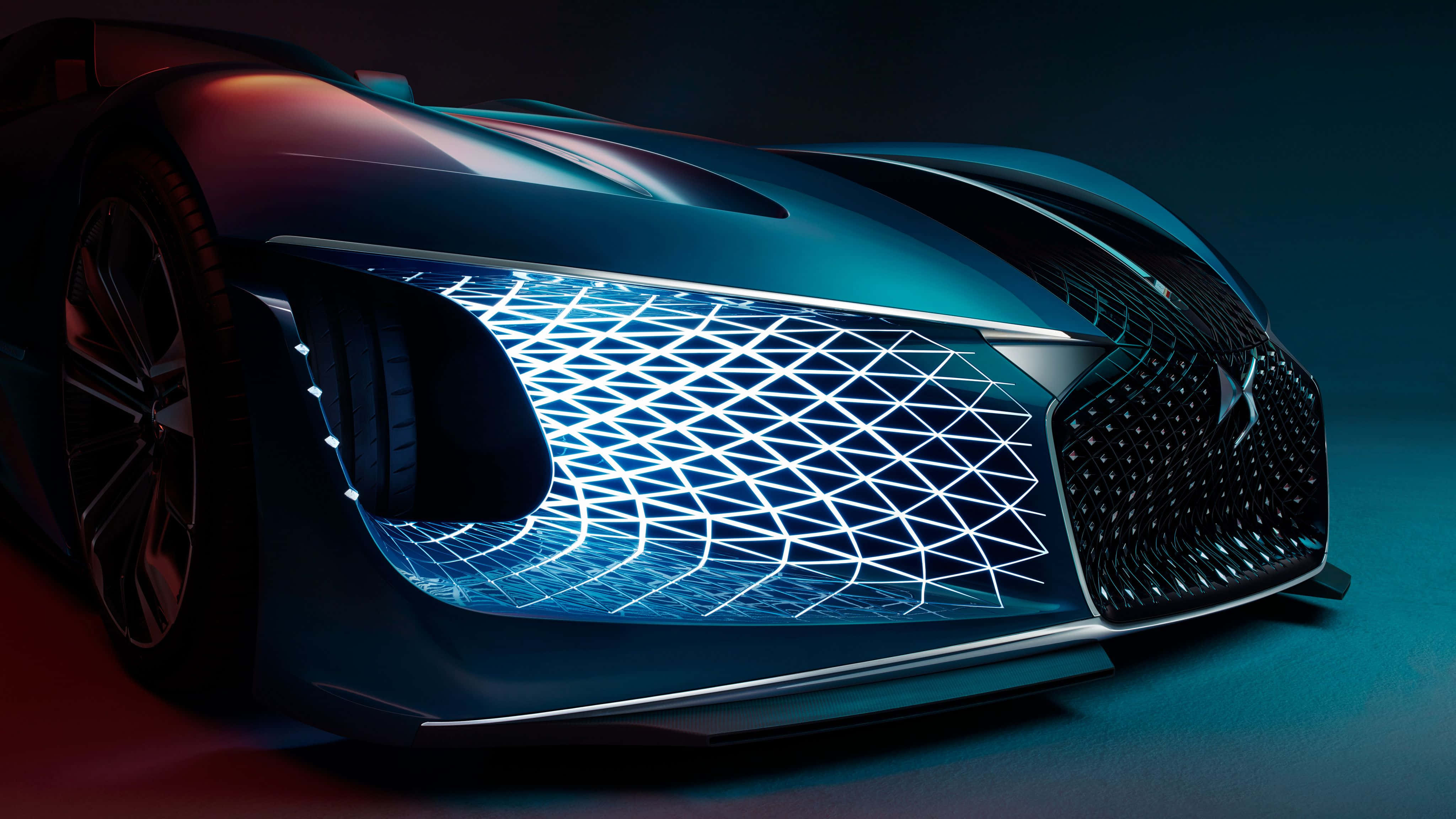 DS Automobiles, futuristic sports car, blue neon lights, 4K Desktop Wallpaper