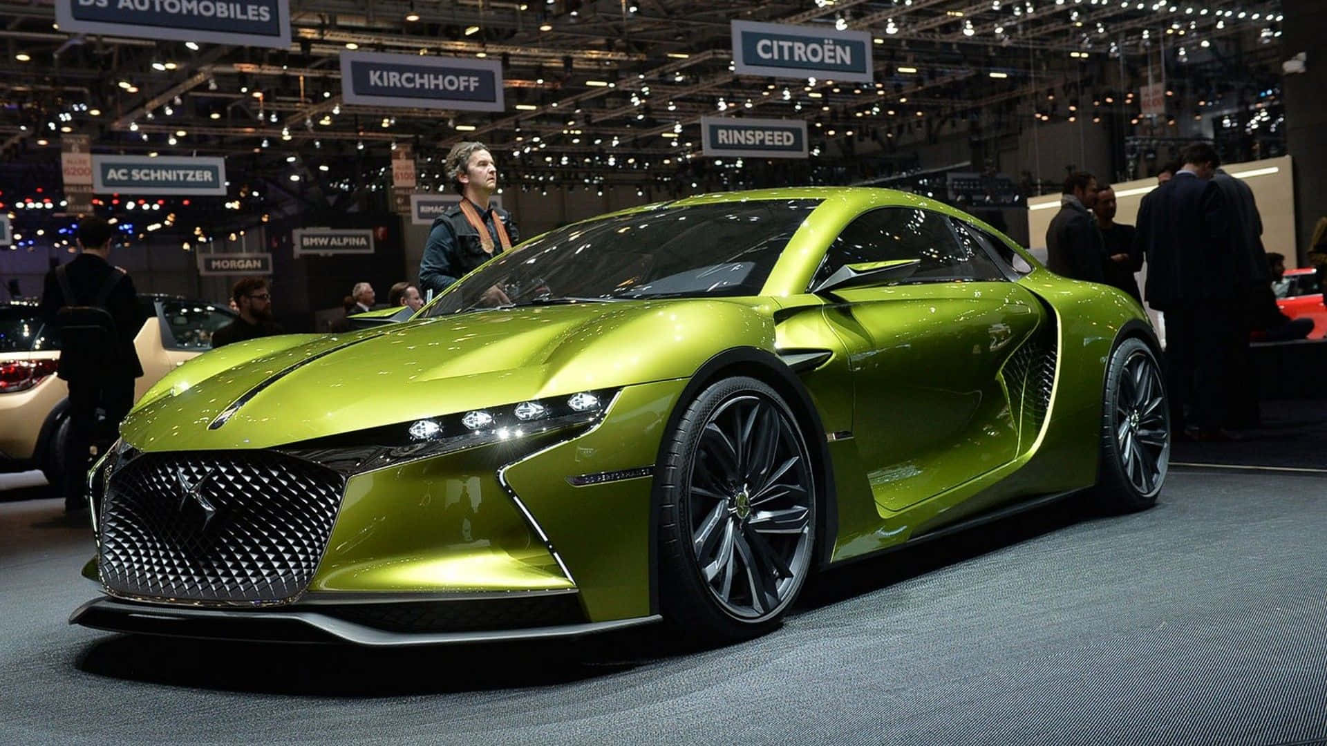 DS Automobiles DS E-tense, lime green, exhibition lights, Full HD Desktop Wallpaper