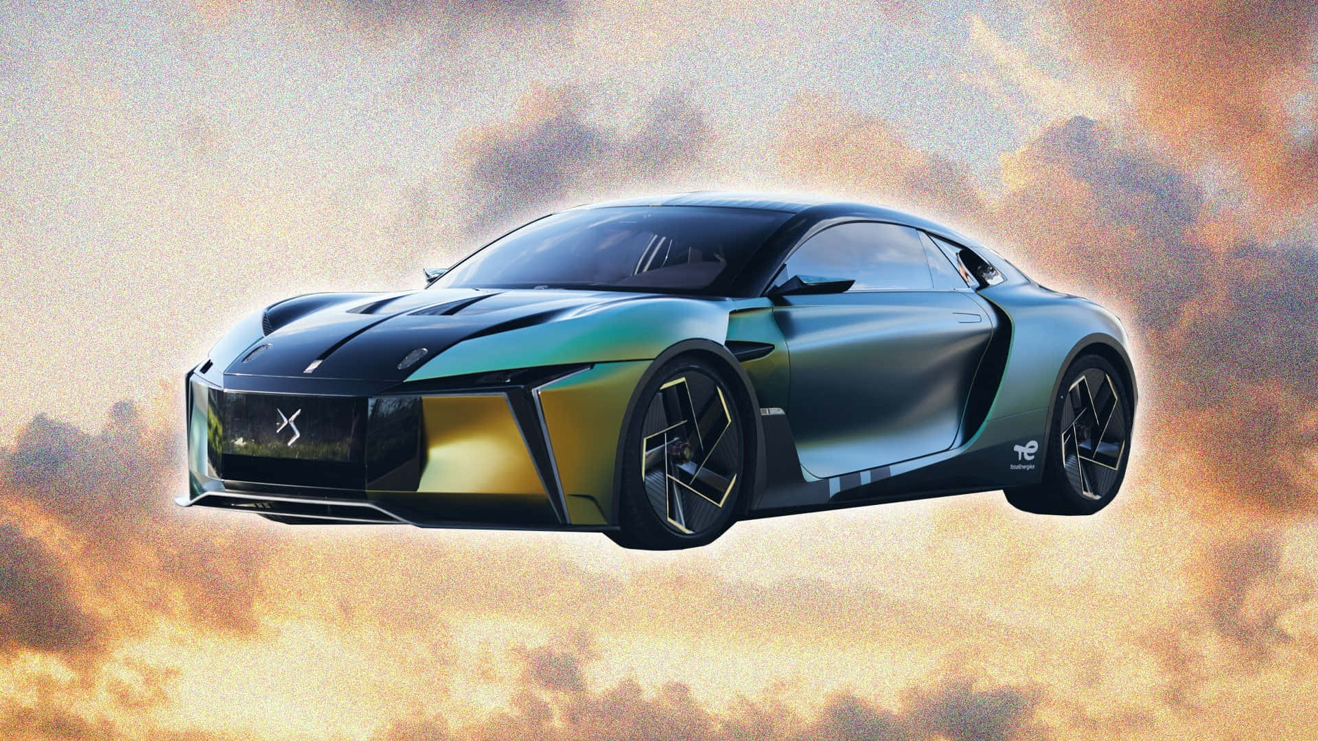 DS Automobiles DS E-tense, iridescent green and gold paint, fiery sunset sky, Full HD Desktop Wallpaper