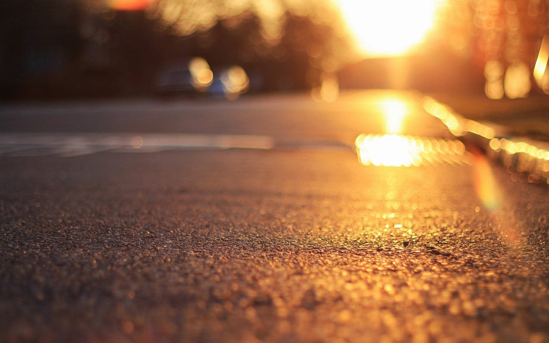 DSLR Blur, asphalt road, golden sunlight, Full HD Desktop Wallpaper