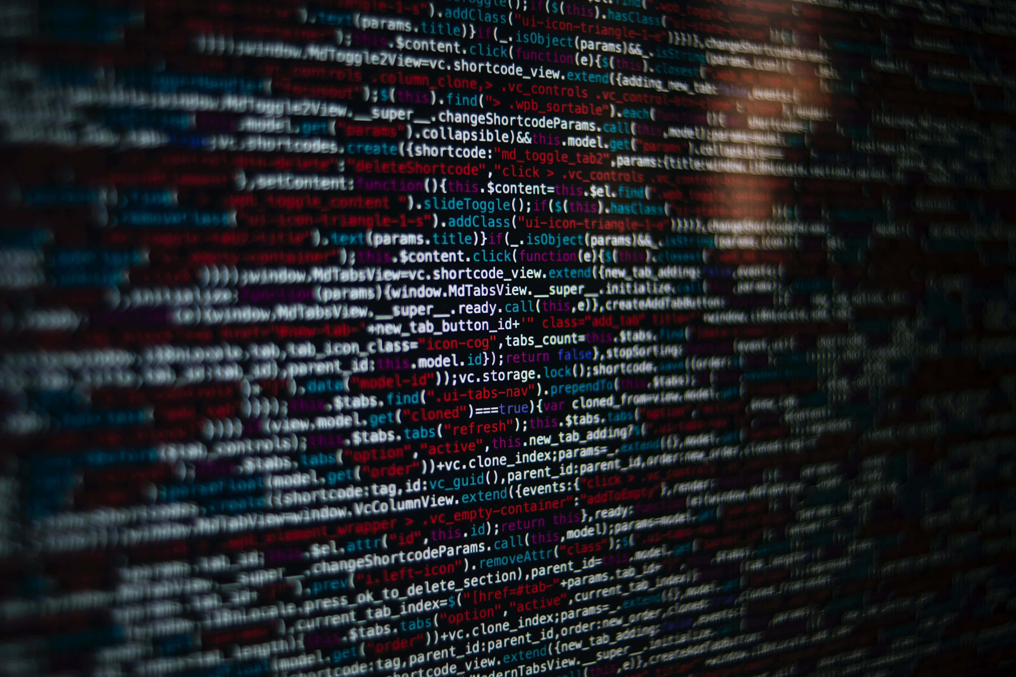 Code Blur Background, glowing red and white code lines, dark screen, 2K Desktop Wallpaper