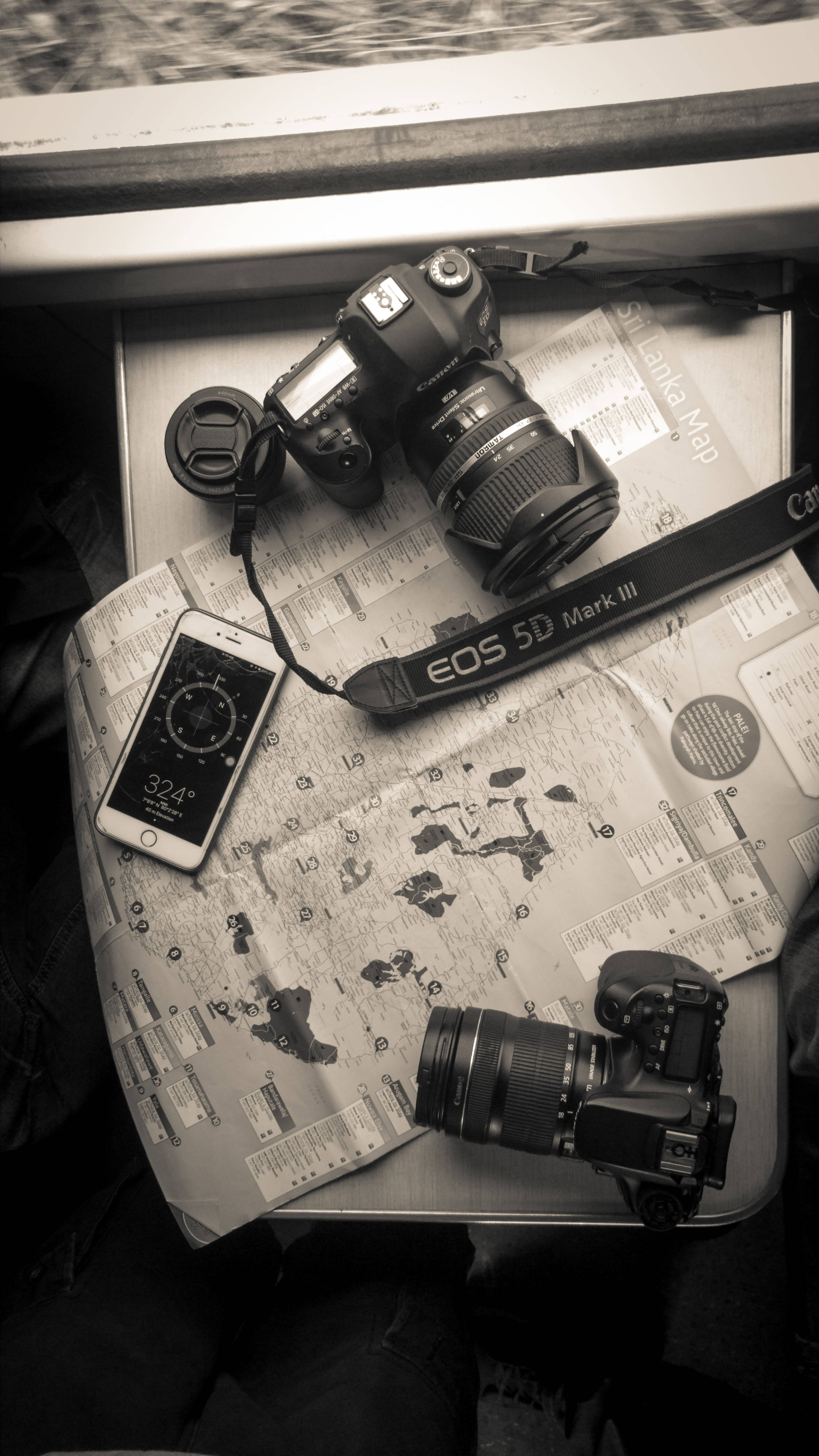 DSLR Camera, smartphone, detailed map, 5K Phone Wallpaper