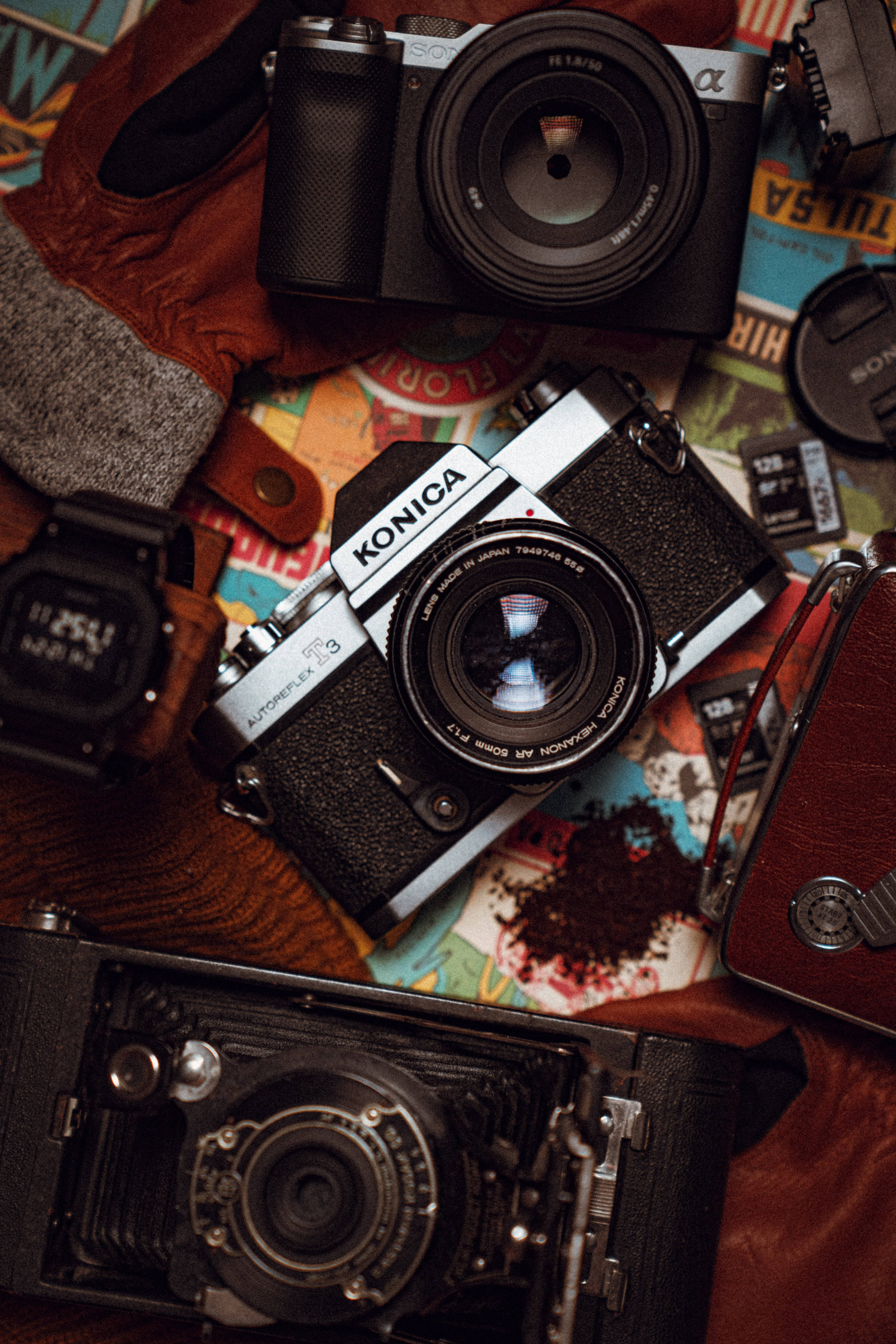 DSLR Camera, vintage and modern cameras, colorful map, 5K Phone Wallpaper