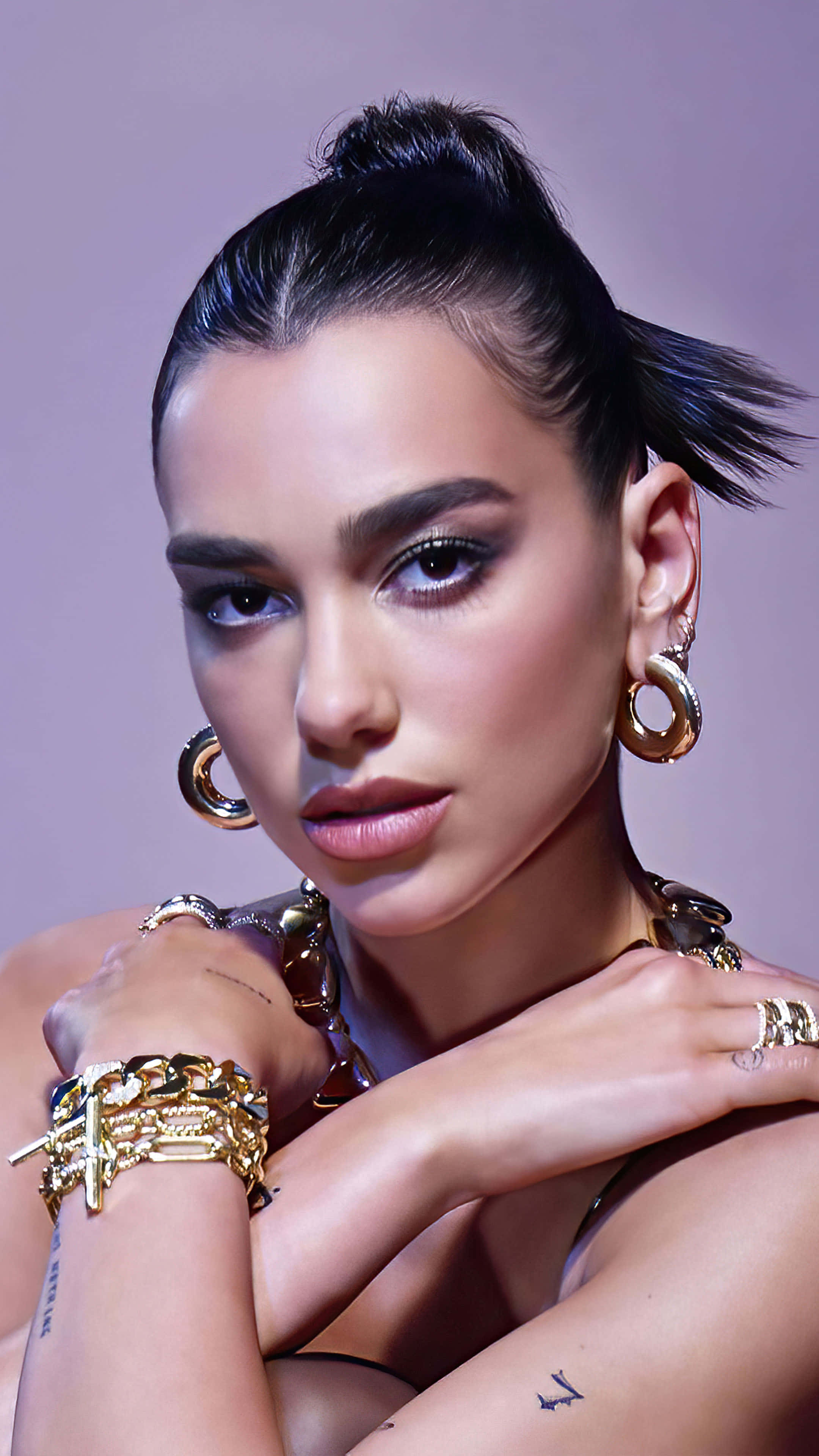 Dua Lipa, slicked-back hair, bold gold jewelry, 4K Phone Wallpaper