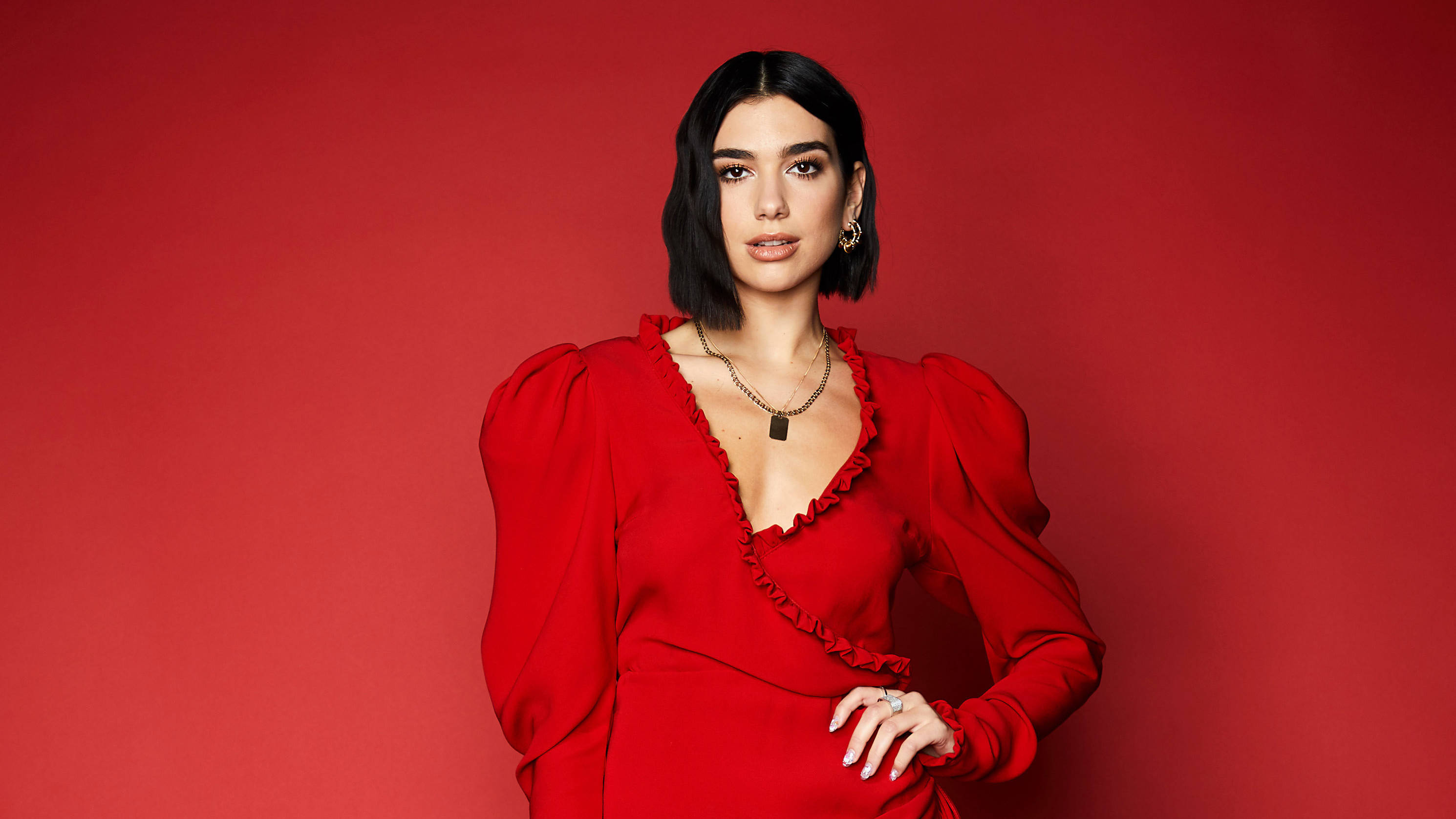 Dua Lipa, red dress, puffed sleeves, 2K Desktop Wallpaper