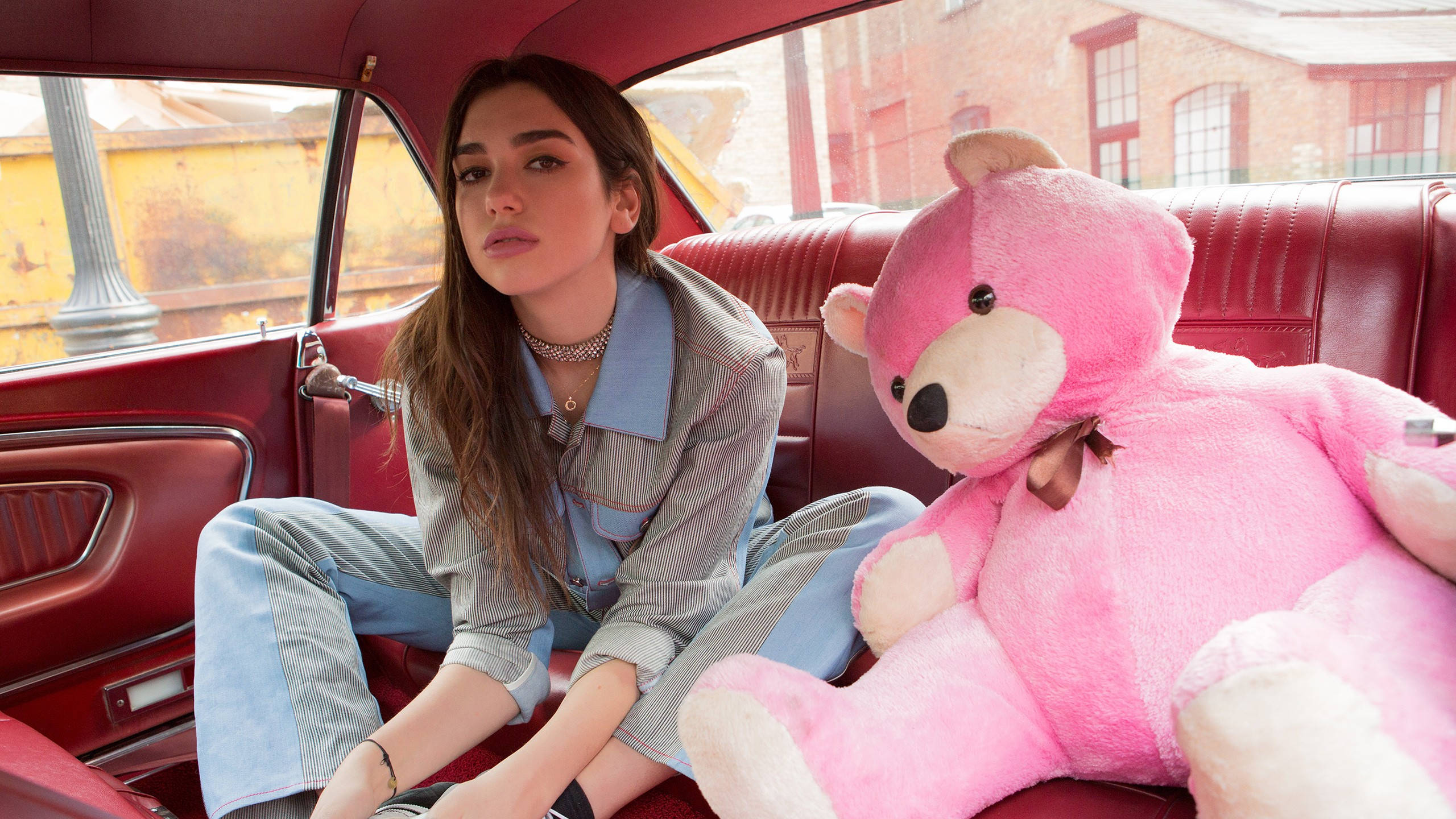 Dua Lipa, pink teddy bear, vintage red car, 2K Desktop Wallpaper