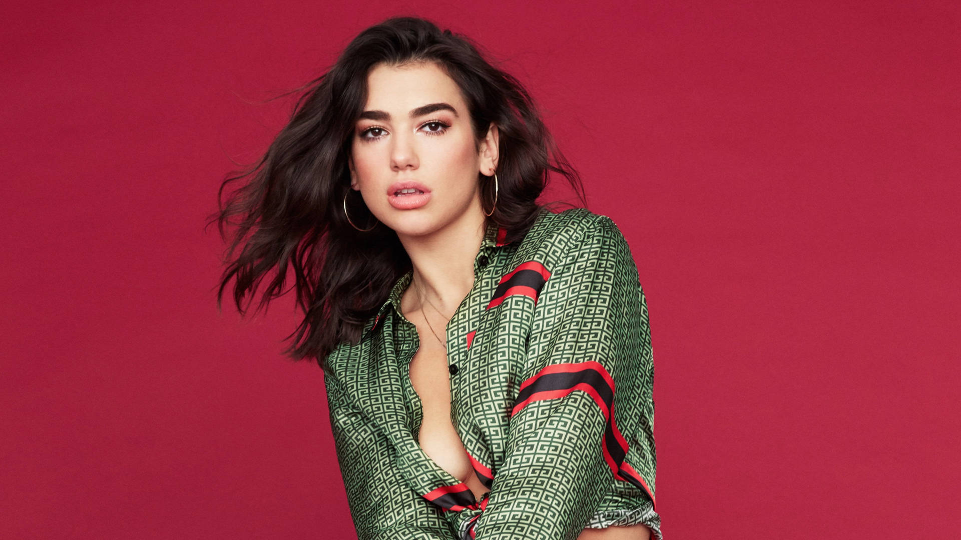 Dua Lipa, dark wavy hair, hoop earrings, Full HD Desktop Wallpaper