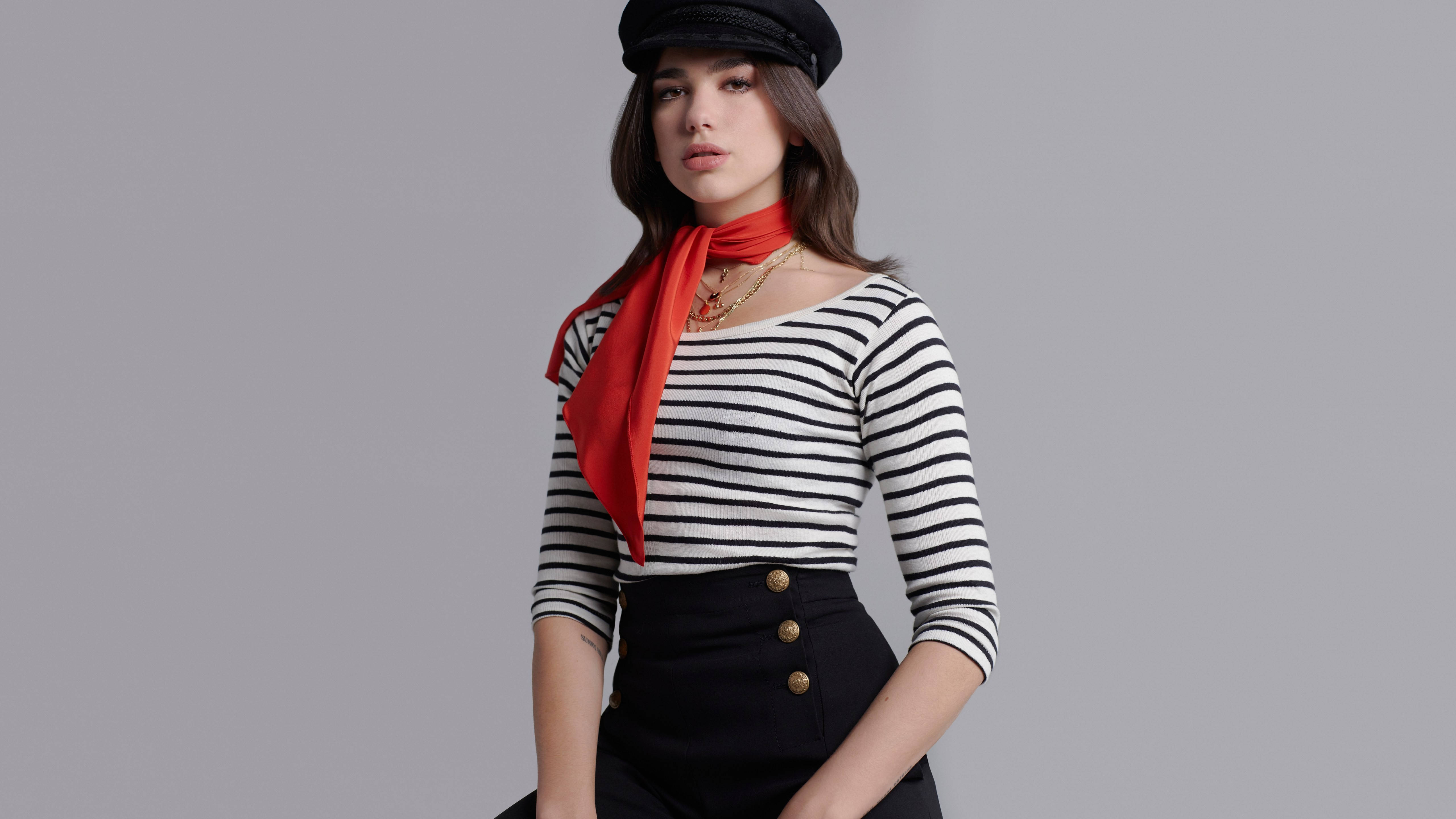 Dua Lipa, sailor outfit, black cap striped top, 5K Desktop Wallpaper