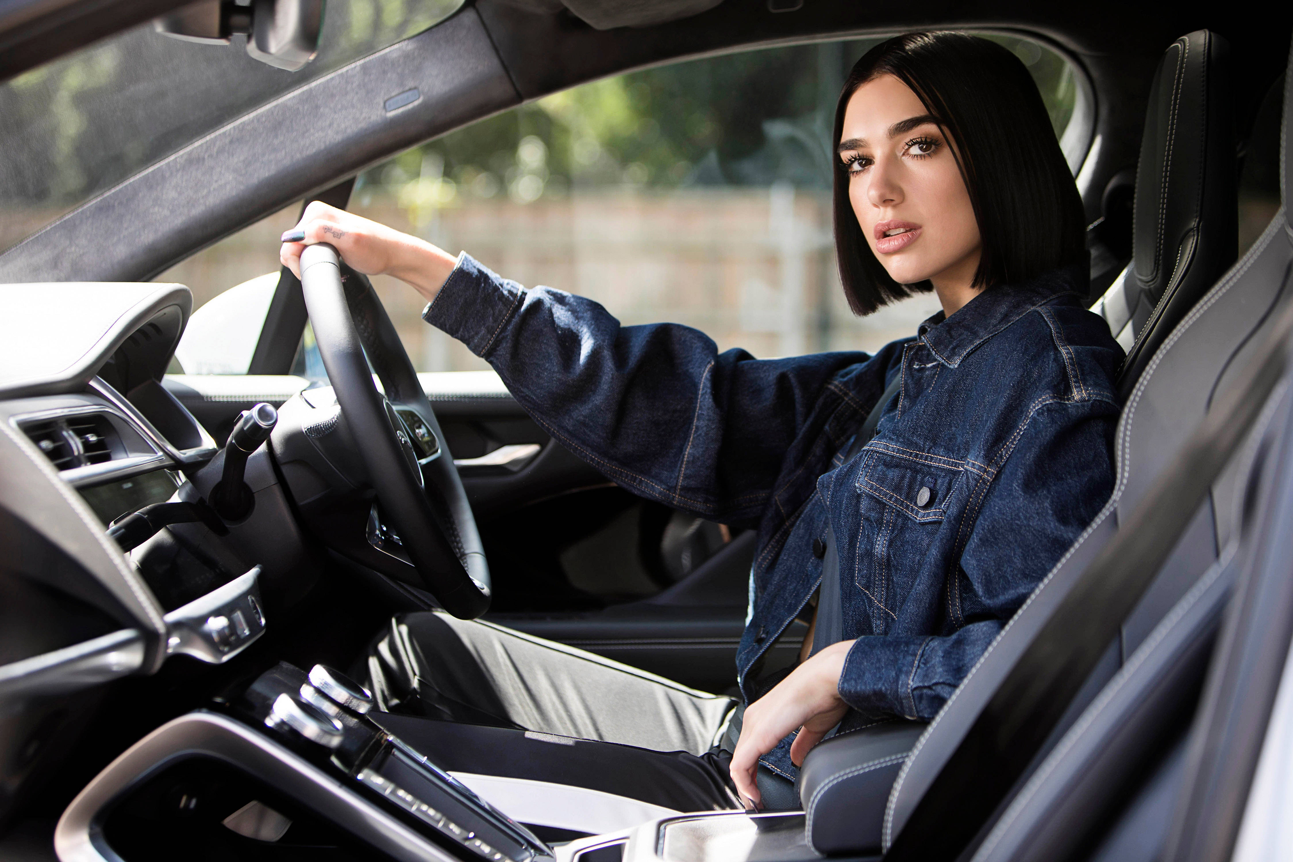 Dua Lipa, denim jacket, modern car, 4K Desktop Wallpaper