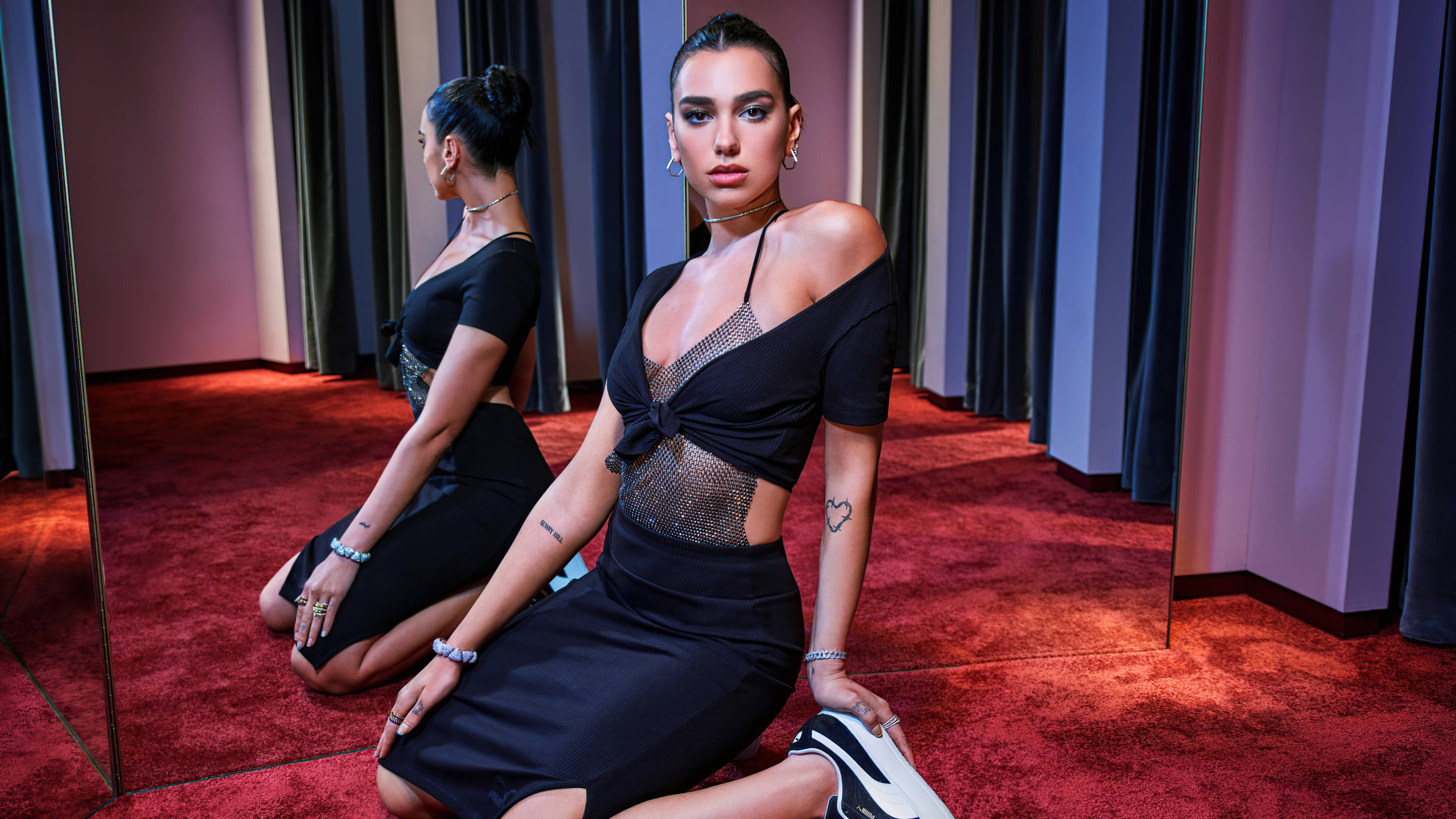 Dua Lipa, black dress, red carpet, 5K Desktop Wallpaper