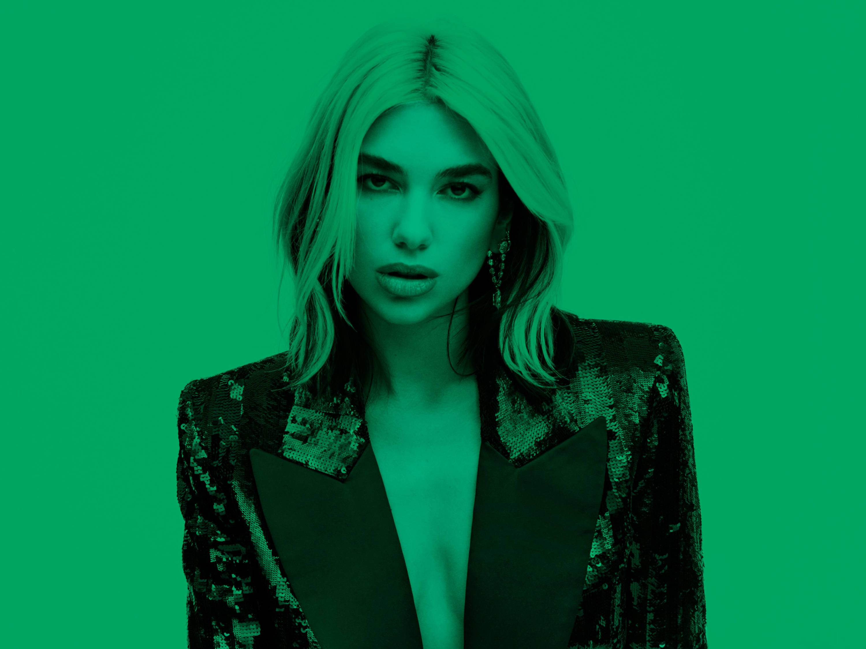 Dua Lipa, sequined blazer, solid green background, 2K Desktop Wallpaper