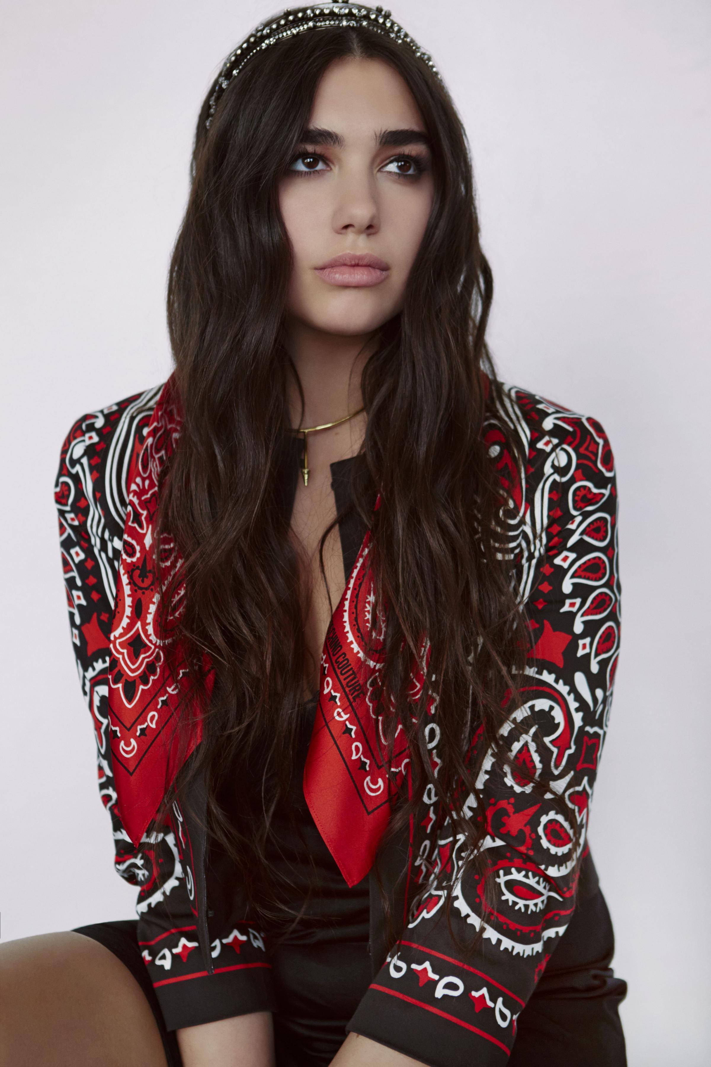 Dua Lipa, paisley bandana, red black and white patterned jacket, 2K Phone Wallpaper