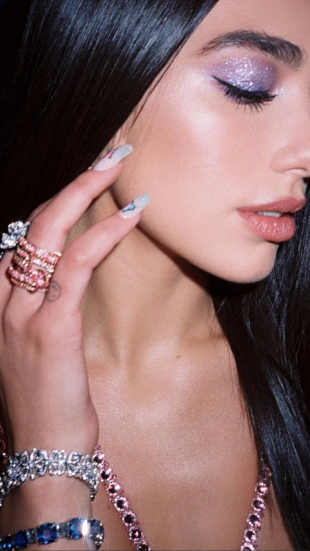 Dua Lipa, glittery purple eyes, jeweled accessories, Full HD Phone Wallpaper