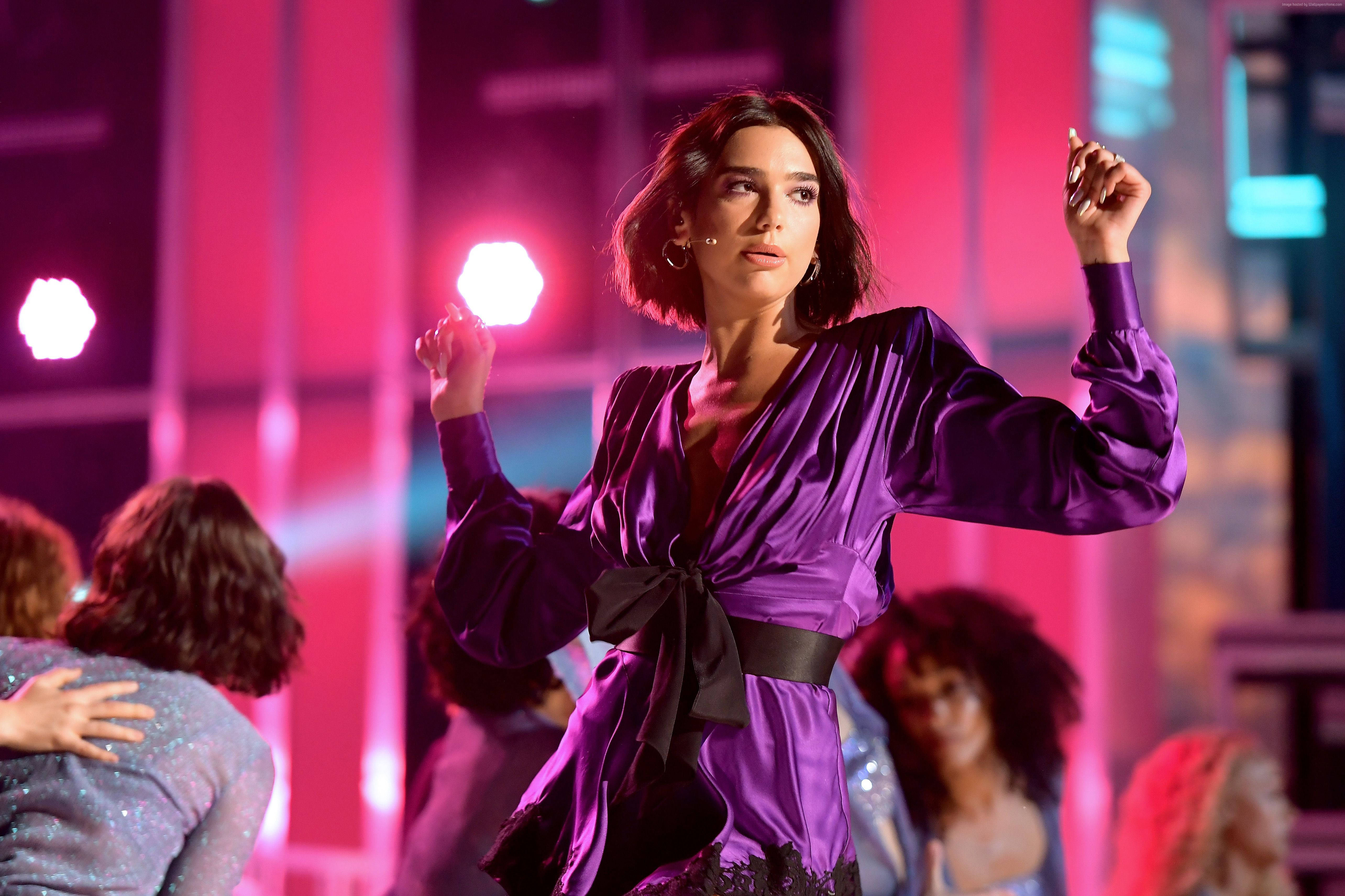 Dua Lipa, violet dress, shimmering purple satin dress, 5K Desktop Wallpaper