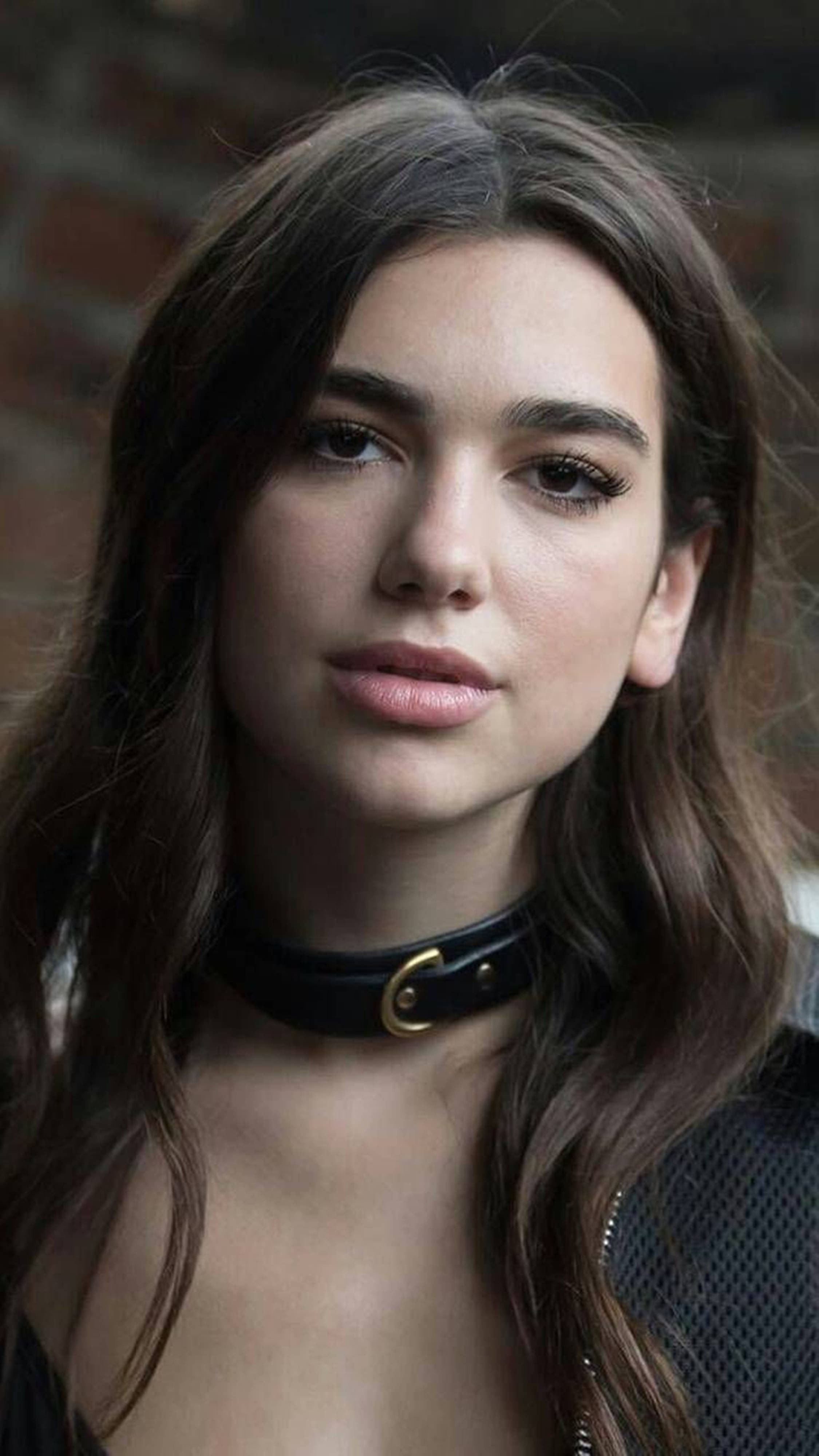 Dua Lipa, black leather choker, long dark hair, 4K Phone Wallpaper