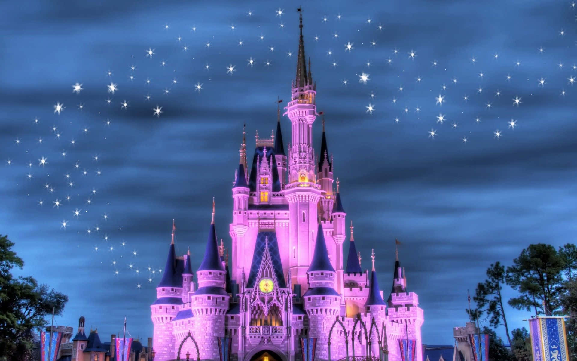 enchanted castle, twinkling stars, starry twilight sky, Full HD Desktop Wallpaper