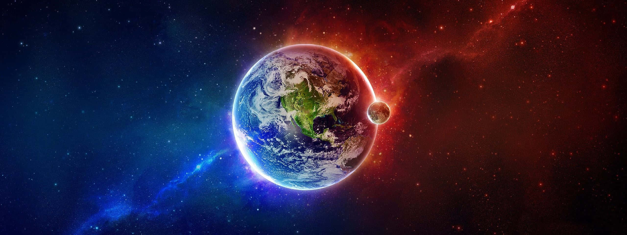 Earth, red nebulae, distant stars, 2K Desktop Wallpaper