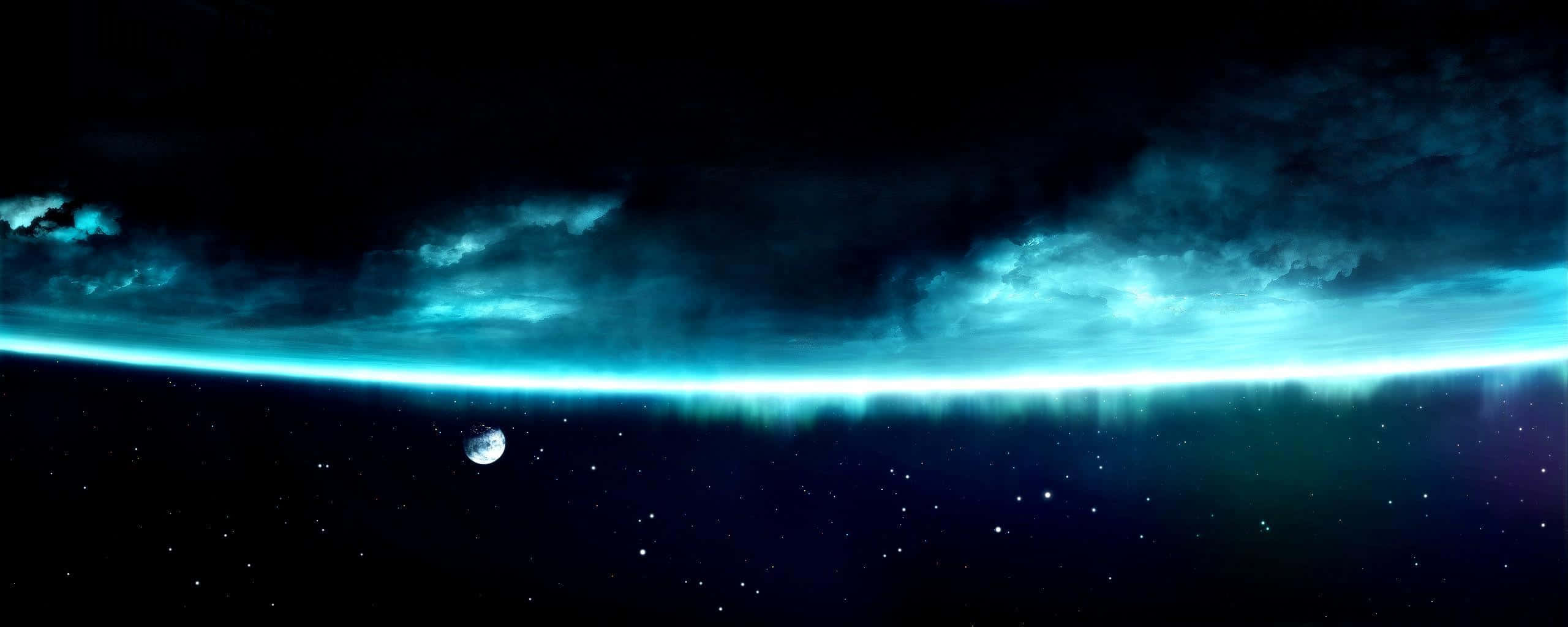 Dual Screen Space, glowing blue atmospheric rim, starry void, 2K Desktop Wallpaper