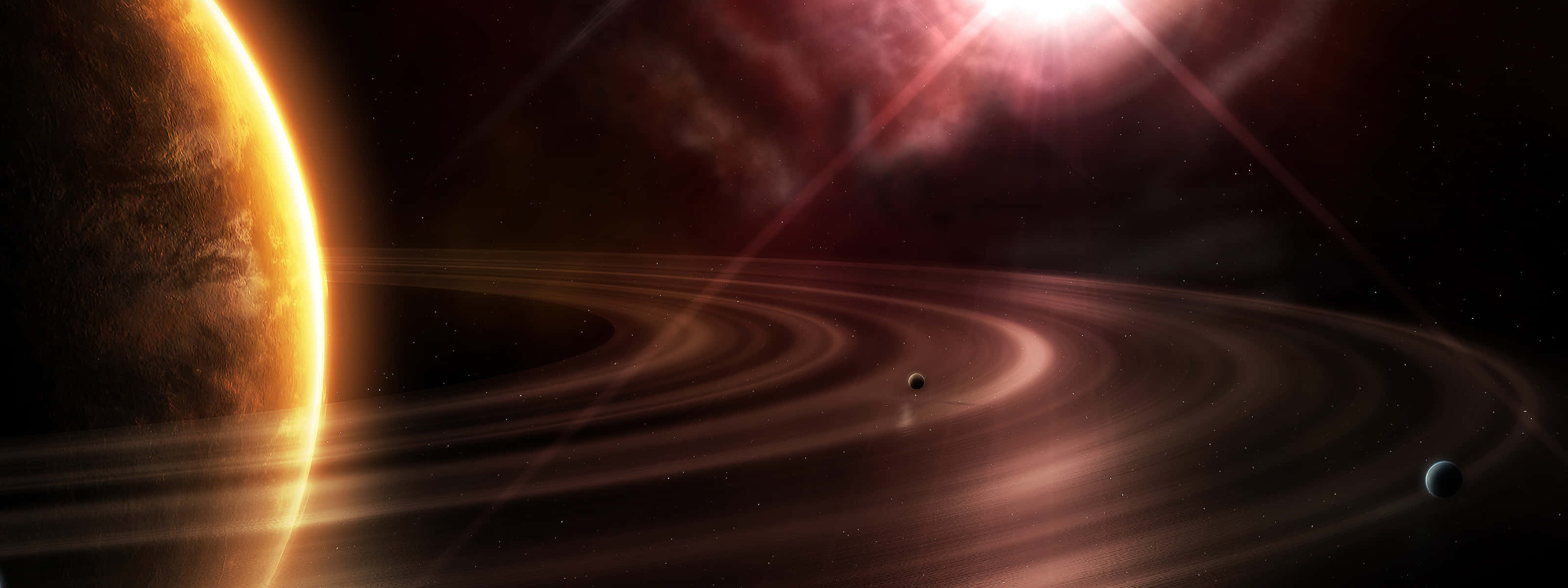 Dual Screen Space, glowing planet, swirling rings, 2K Desktop Wallpaper