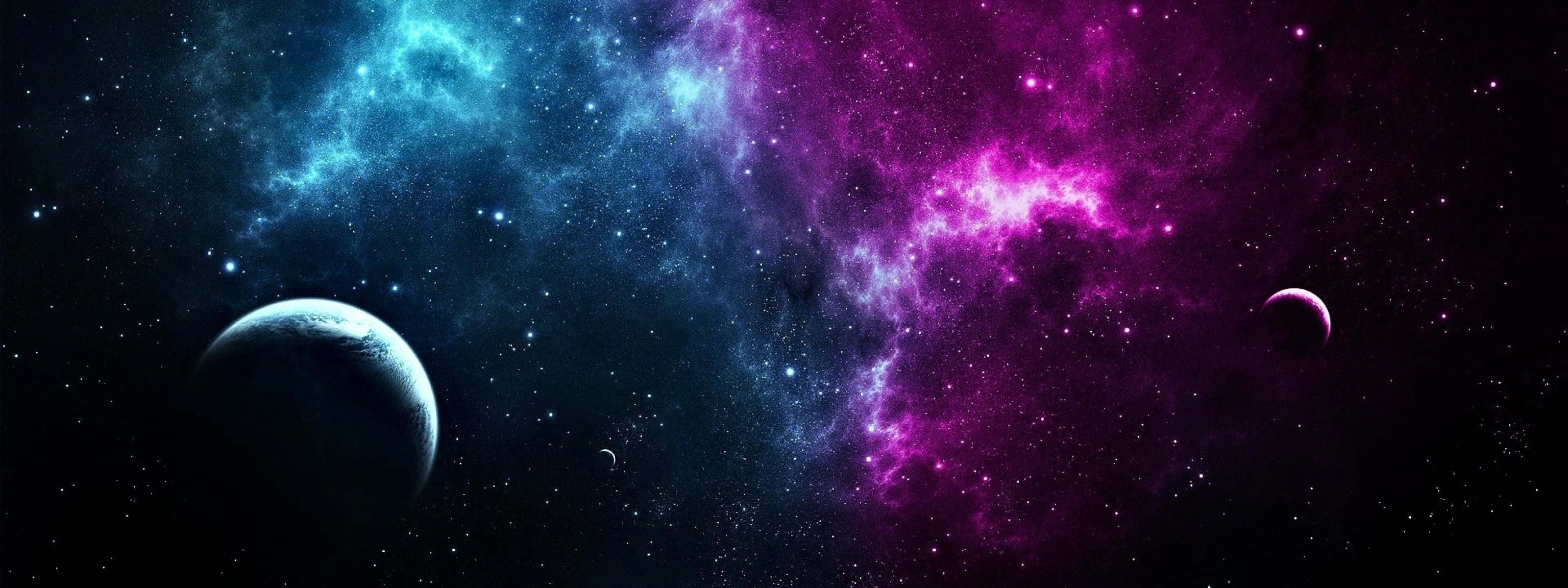 Blue And Purple Dual Screen Space, nebulae, planets, 2K Desktop Wallpaper