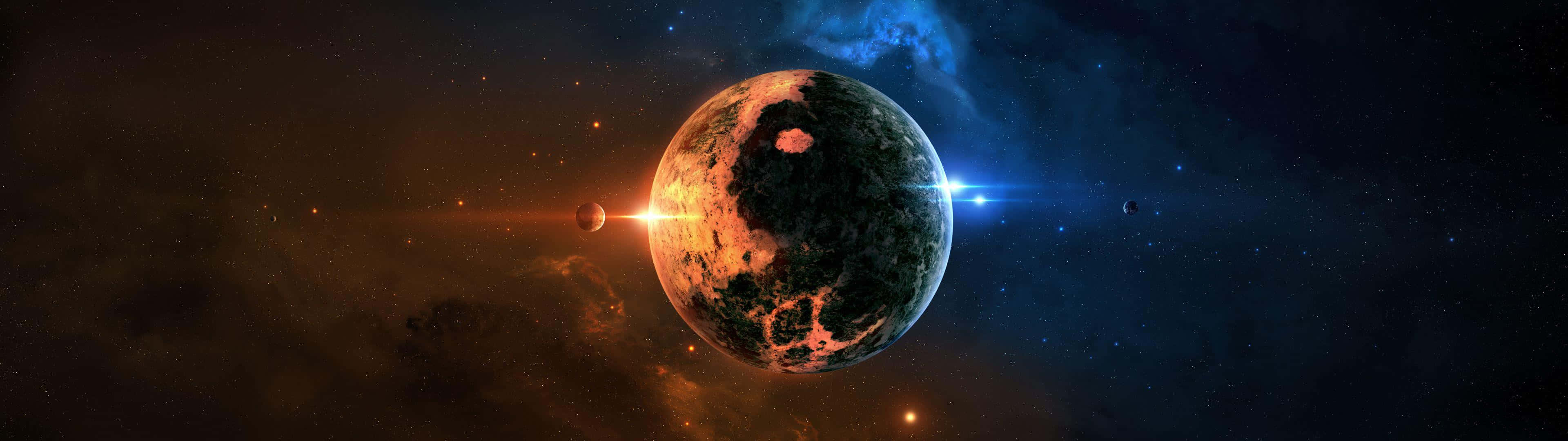 Yellow And Blue Planet, glowing orange and blue auroras, starfield, 4K Desktop Wallpaper