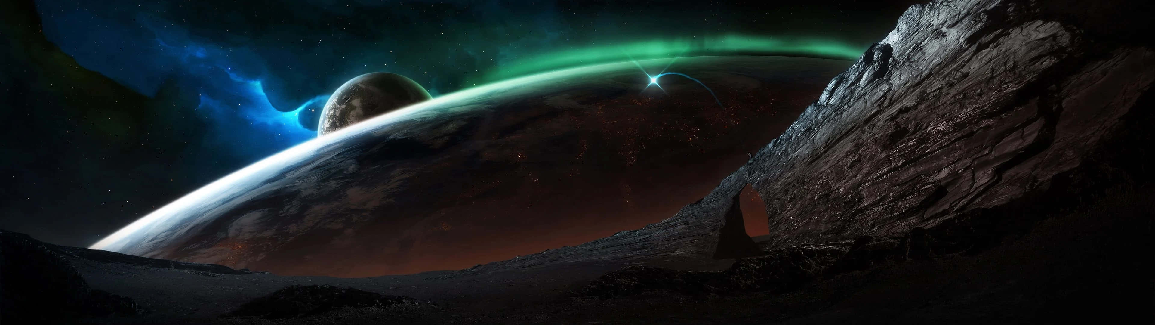 Dual Screen Space, rocky alien landscape, glowing green auroras, 4K Desktop Wallpaper