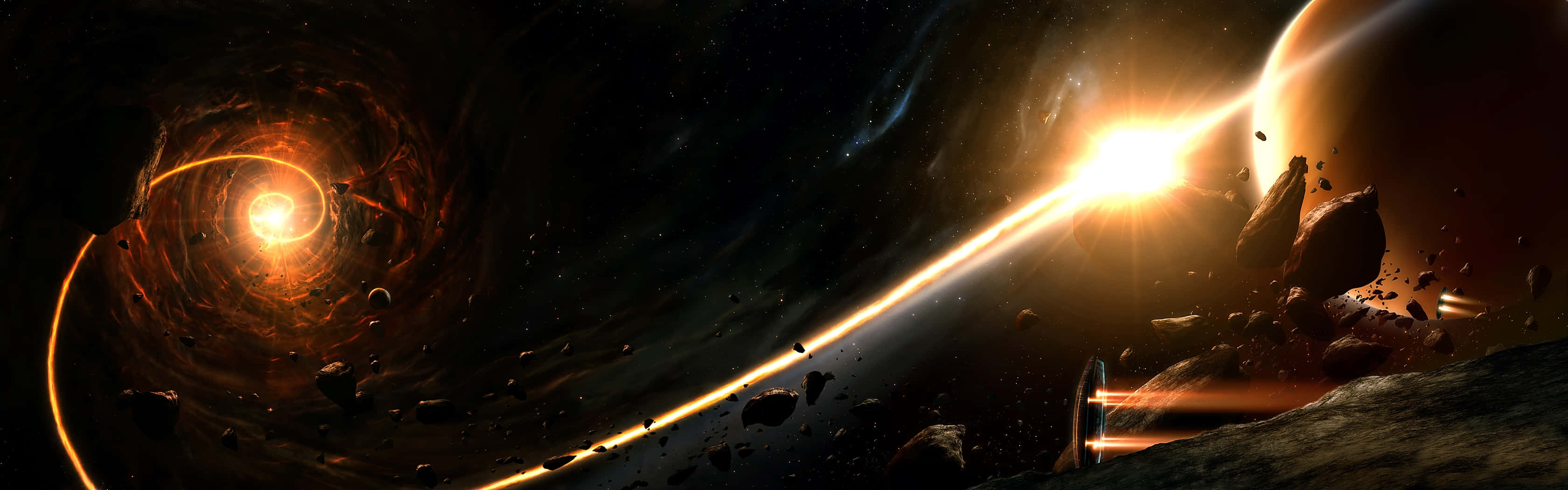 Mystical Dual-Screen Space Cosmos, cosmic scene, glowing wormhole, 2K Desktop Wallpaper