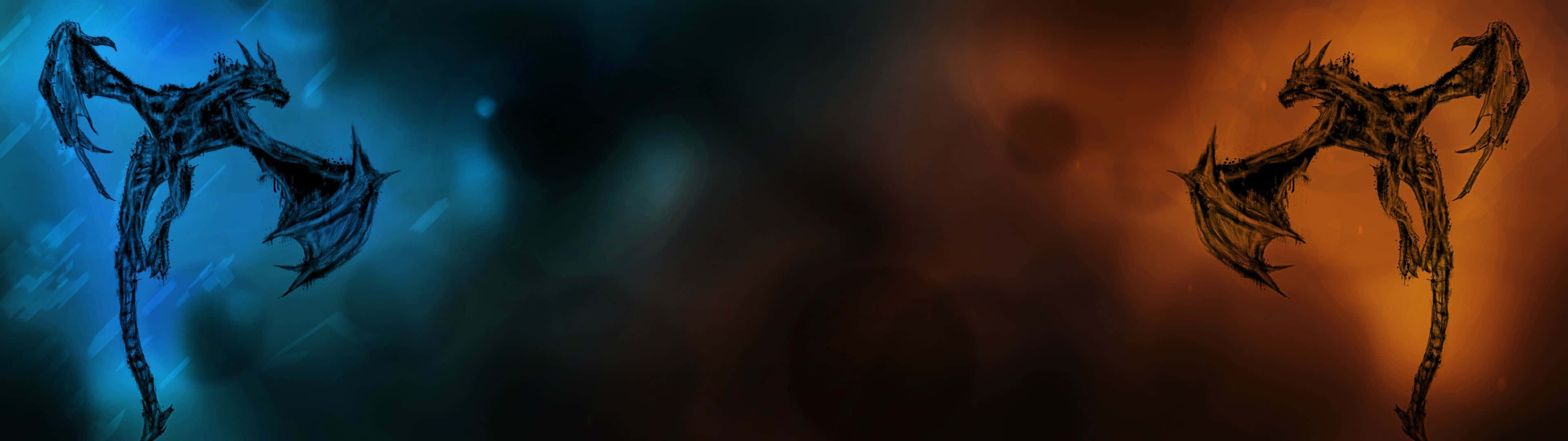 Dual Screen, skeletal dragons, cosmic storms, 4K Desktop Wallpaper