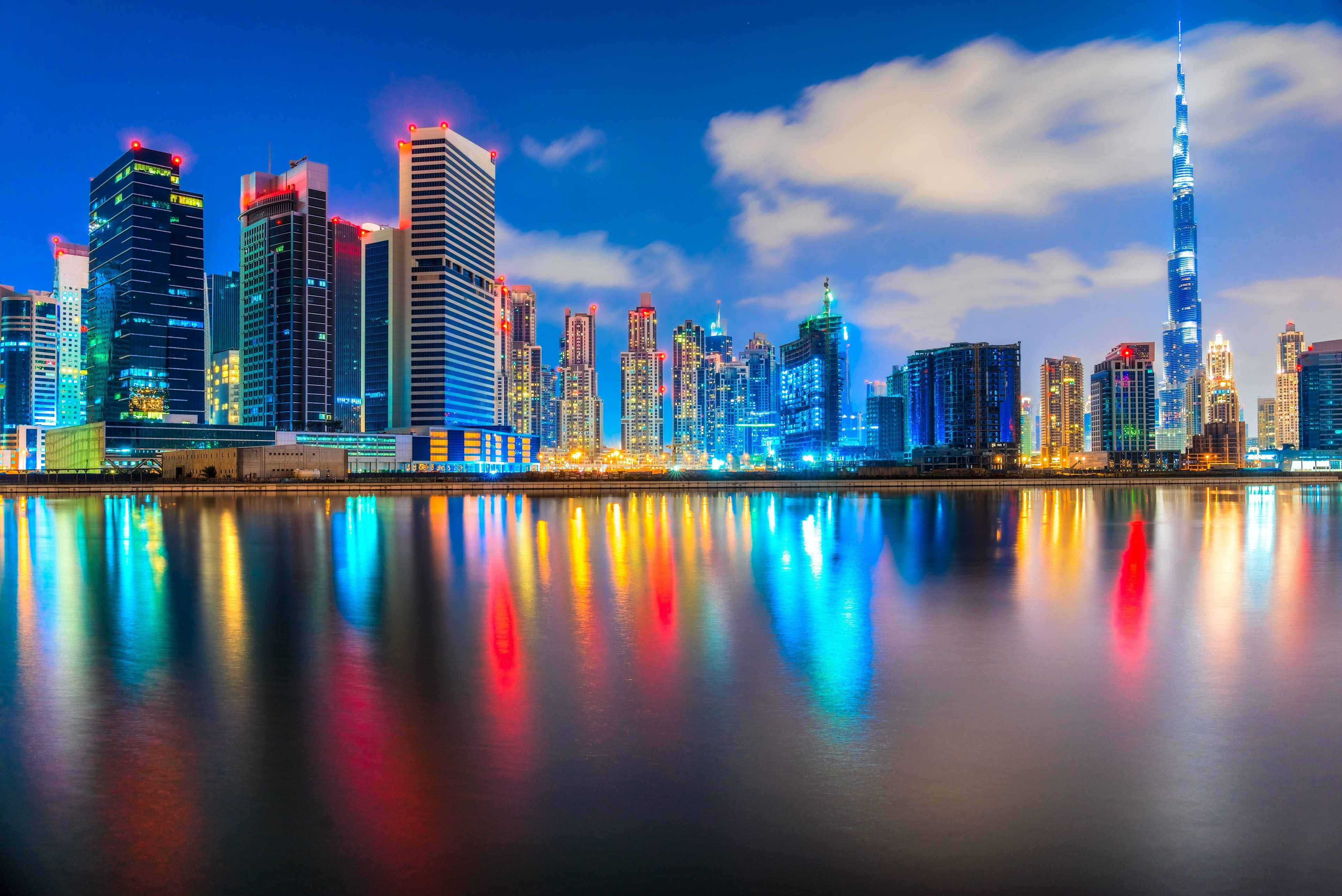Dubai 4K, colorful lights, twilight, 4K Desktop Wallpaper