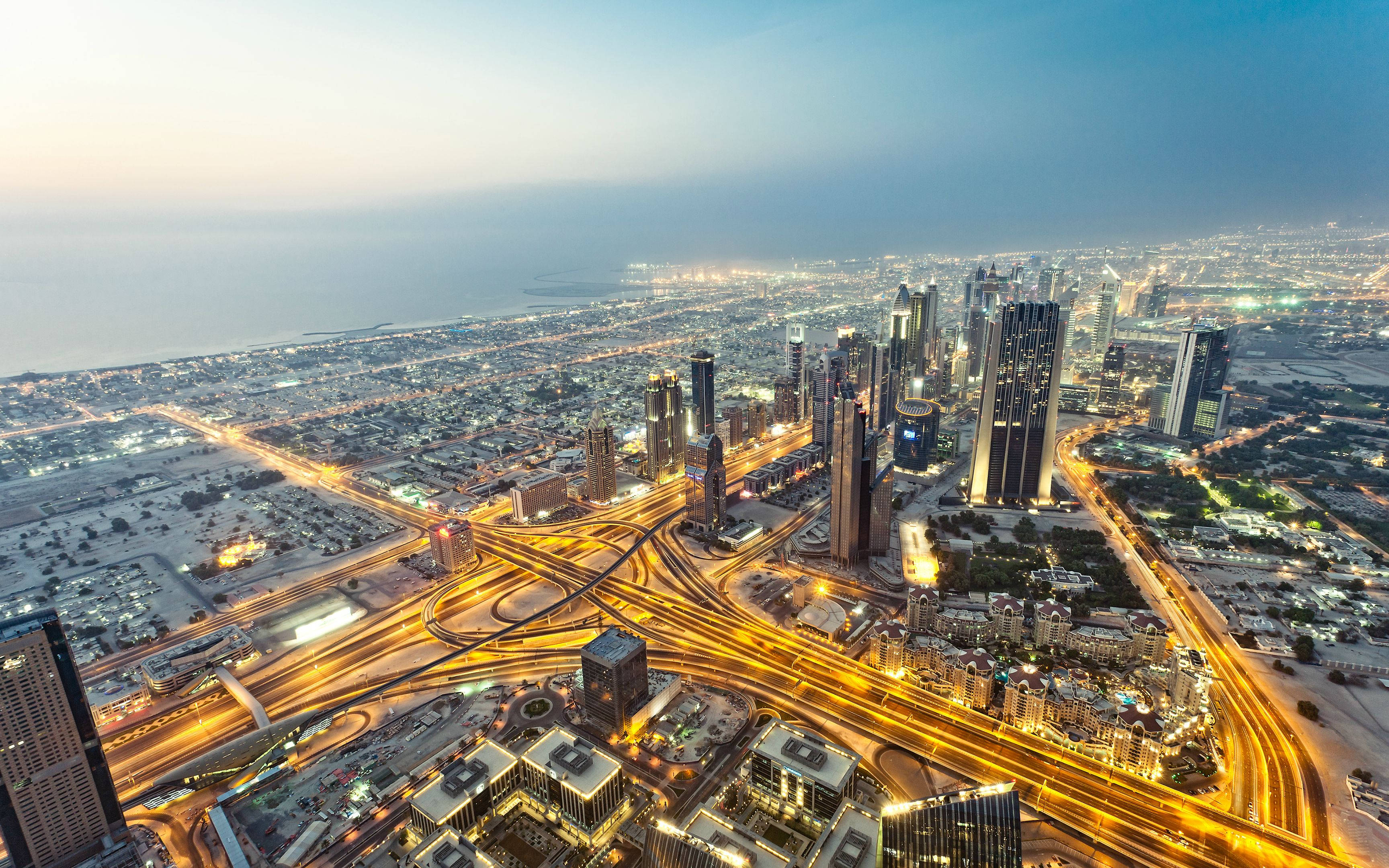 Dubai 4K, dusk, glowing highways, 2K Desktop Wallpaper