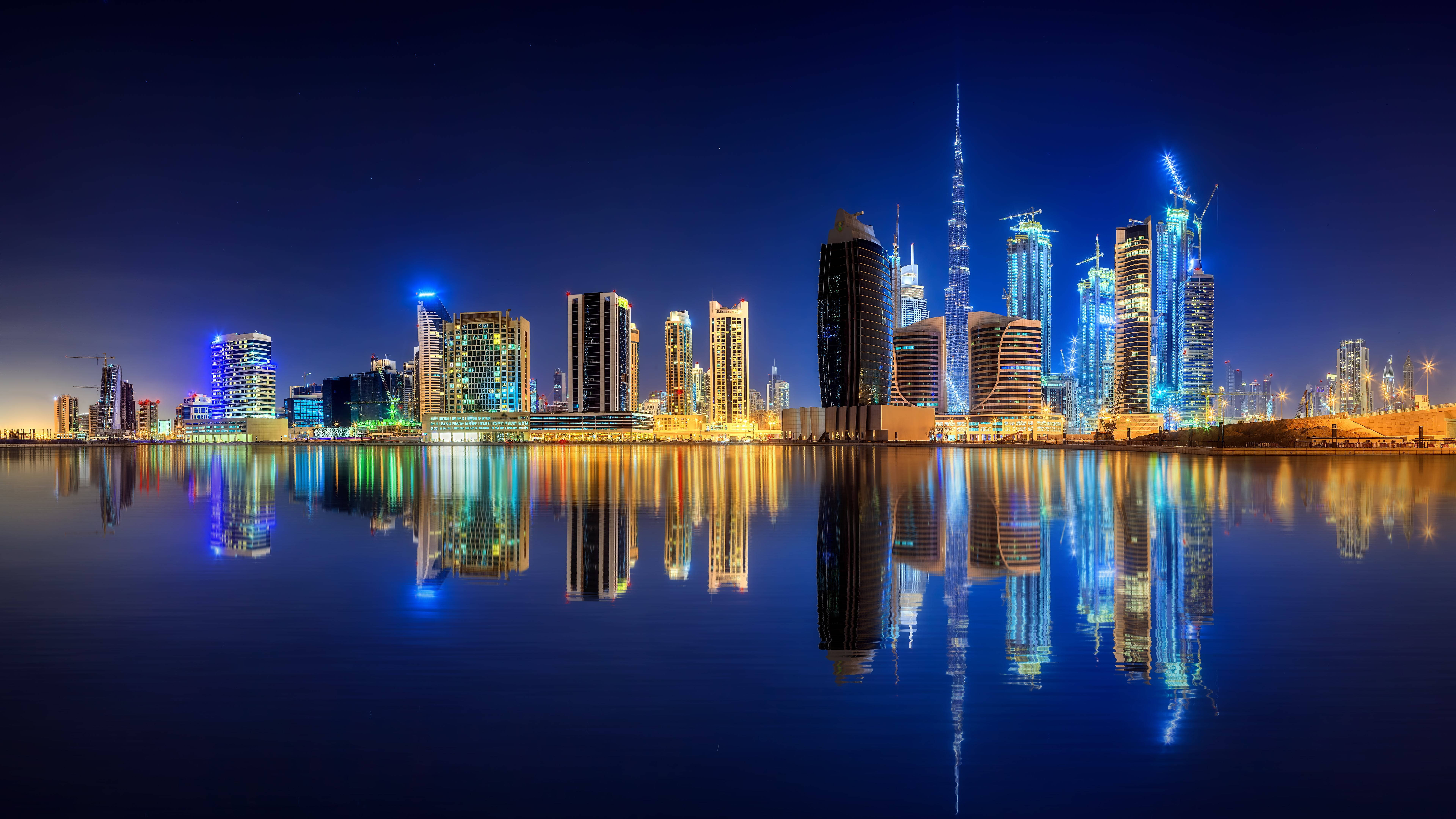 Dubai, night skyline, illuminated skyscrapers, 8K Desktop Wallpaper