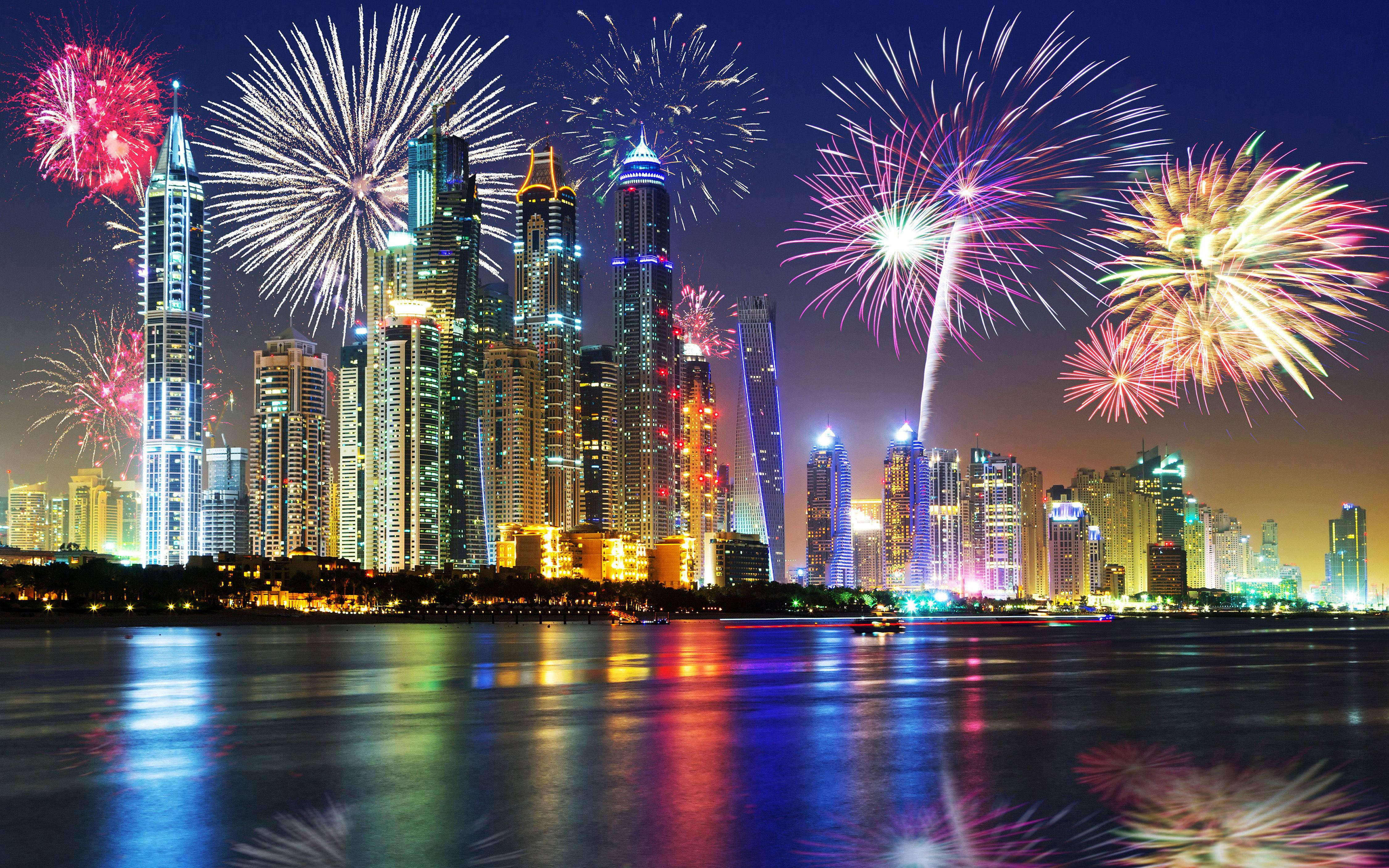 Dubai, fireworks, city skyline, 4K Desktop Wallpaper