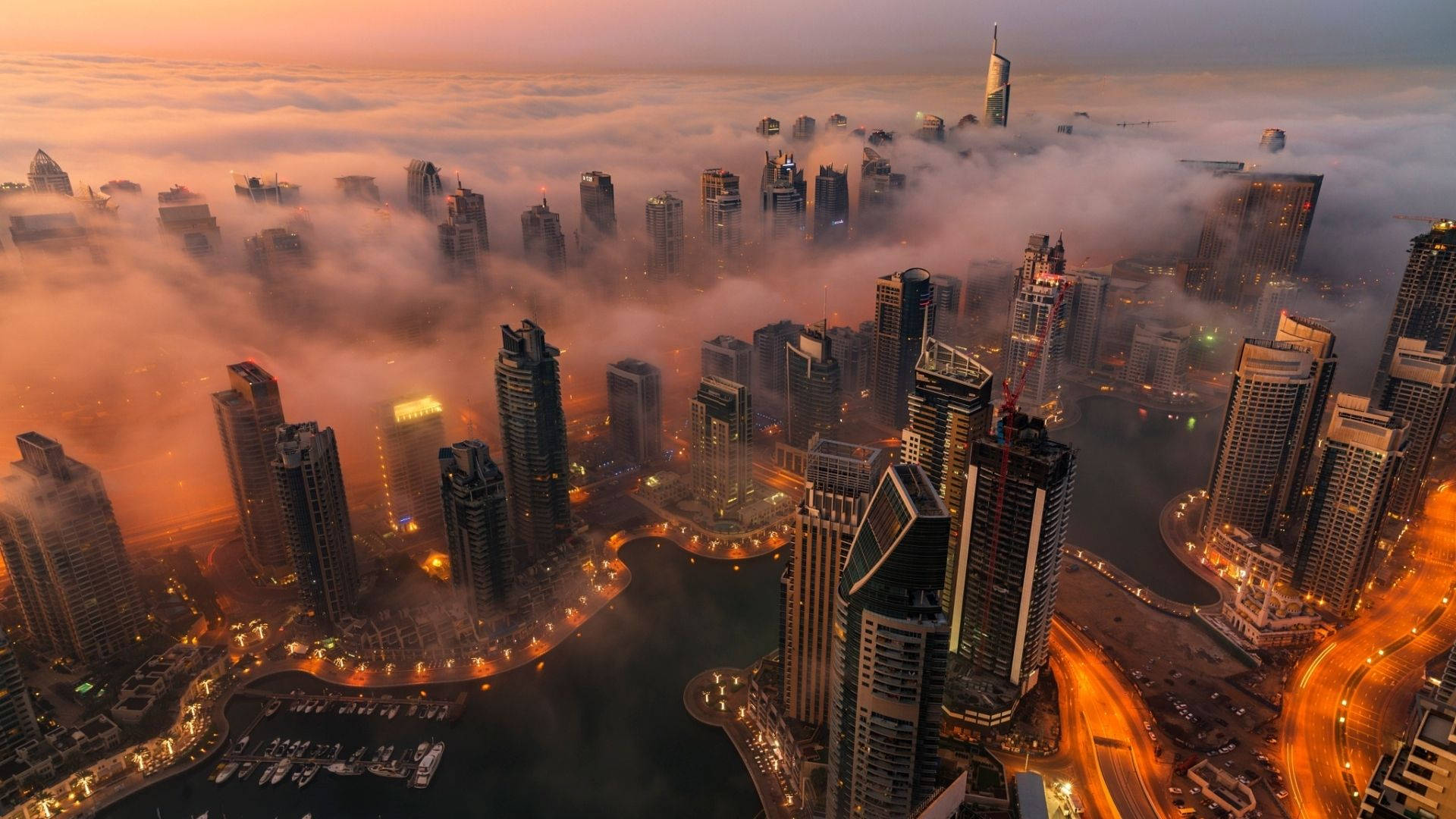 foggy Dubai city, futuristic city skyline, golden dawn fog, Full HD Desktop Wallpaper