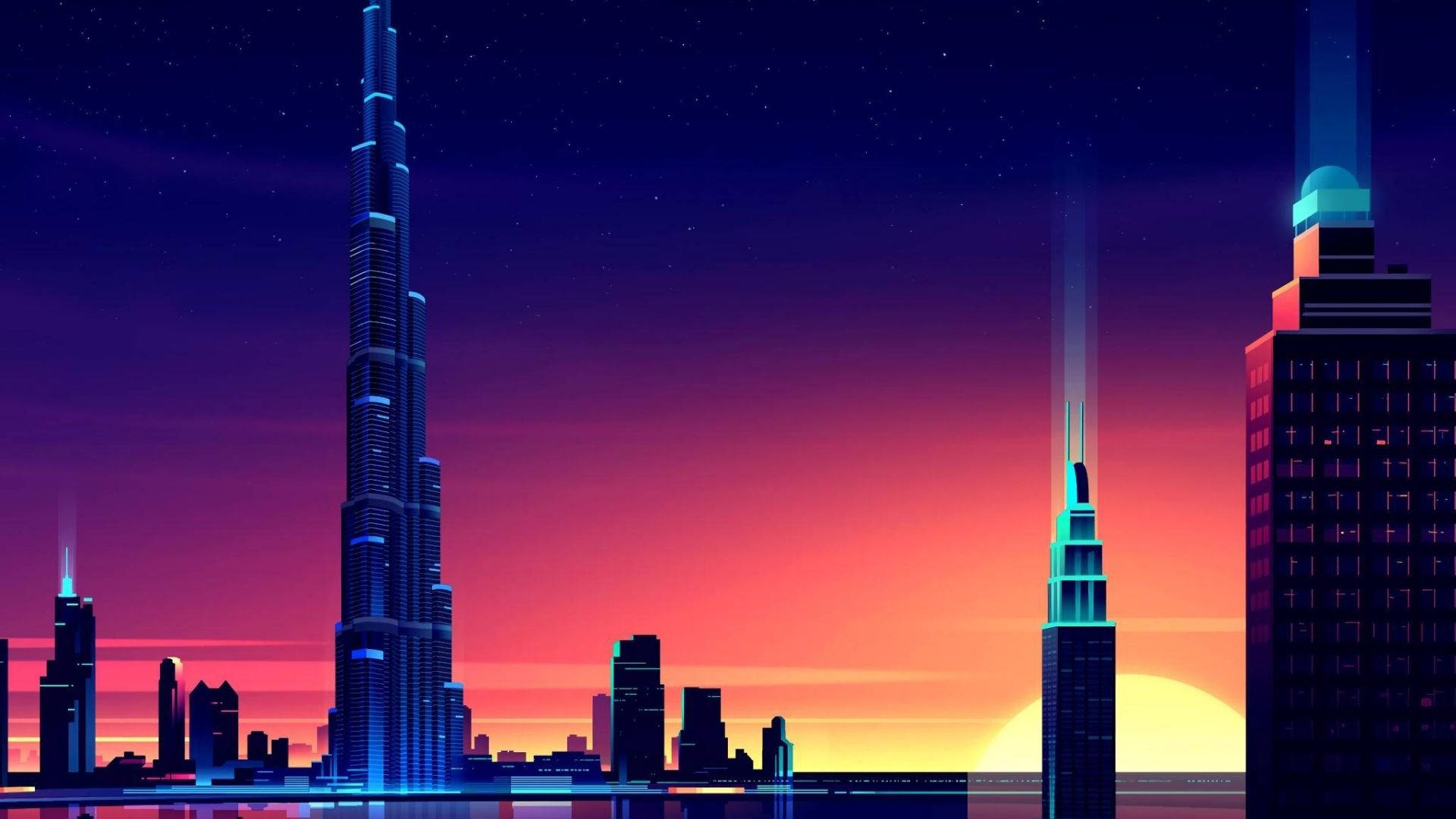 Dubai, neon-drenched, futuristic cityscape, Full HD Desktop Wallpaper