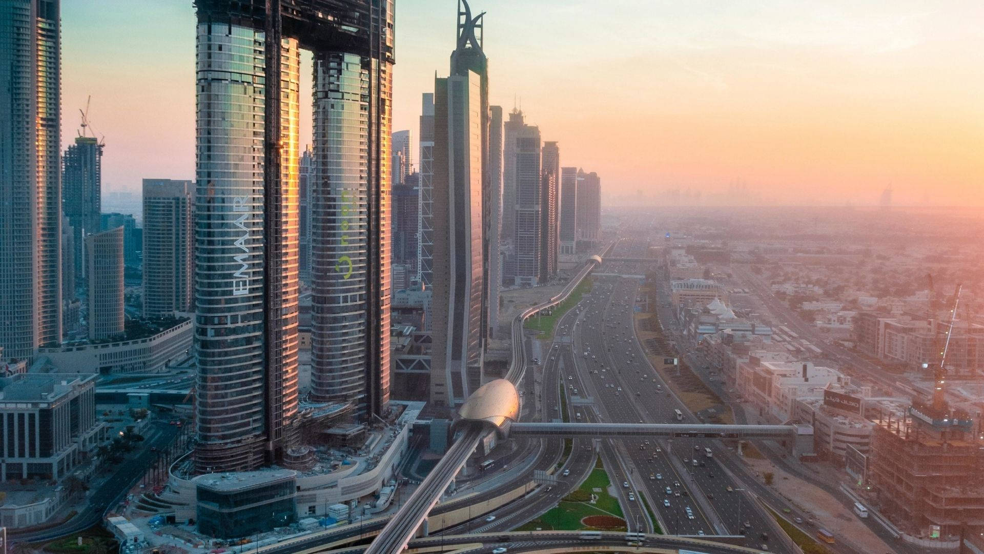 Dubai, sunset, skyscrapers, Full HD Desktop Wallpaper
