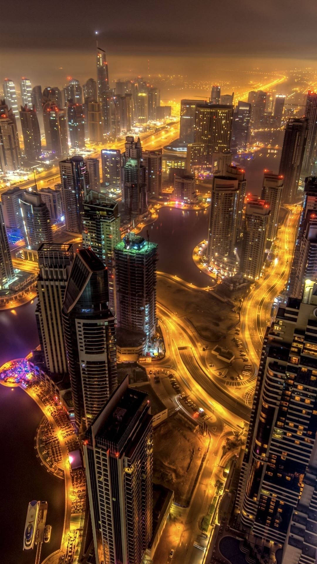 Dubai, city lights, aerial view, Full HD Phone Wallpaper
