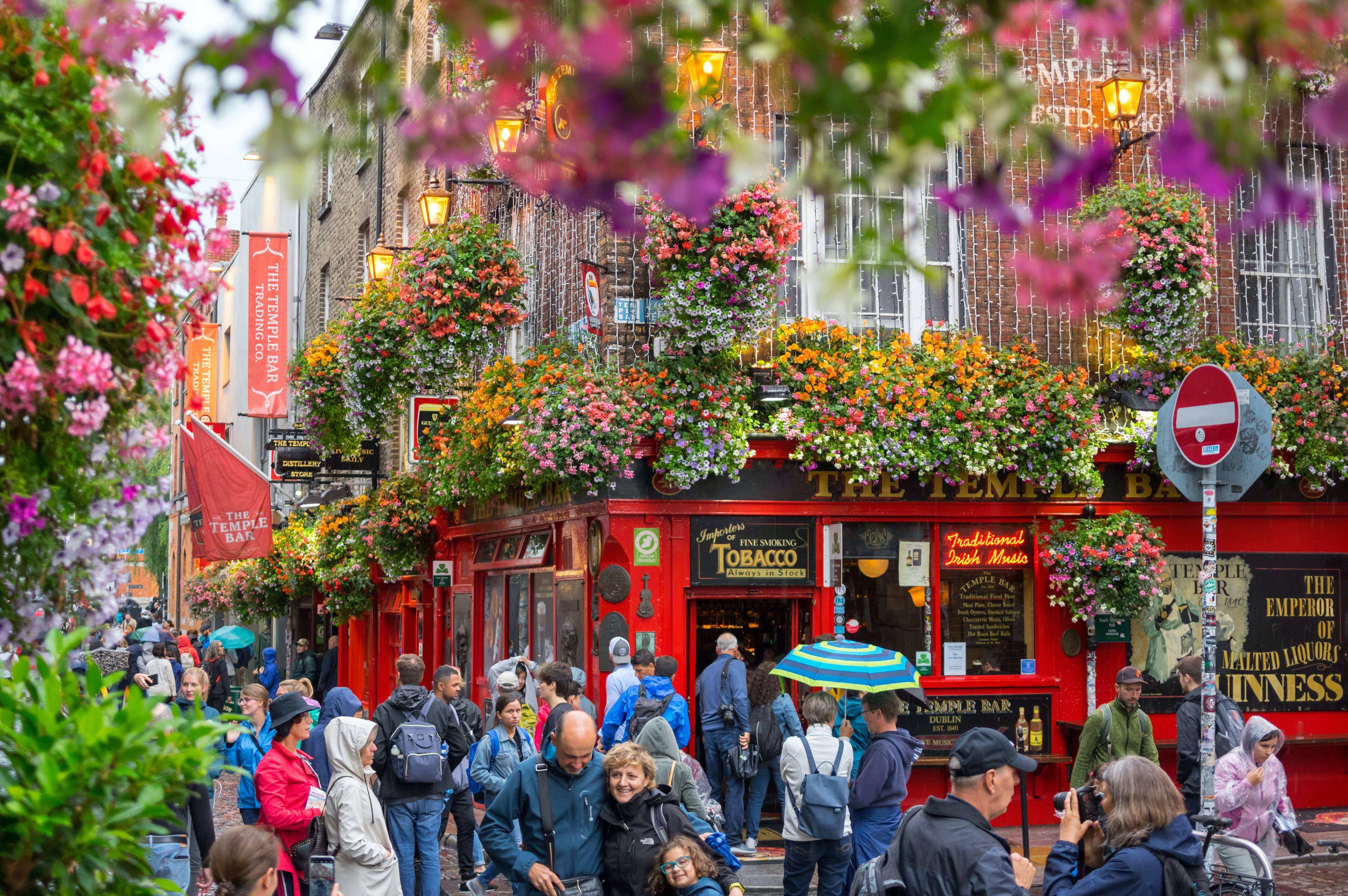 Dublin, vibrant red pub, cascading flowers, 4K Desktop Wallpaper