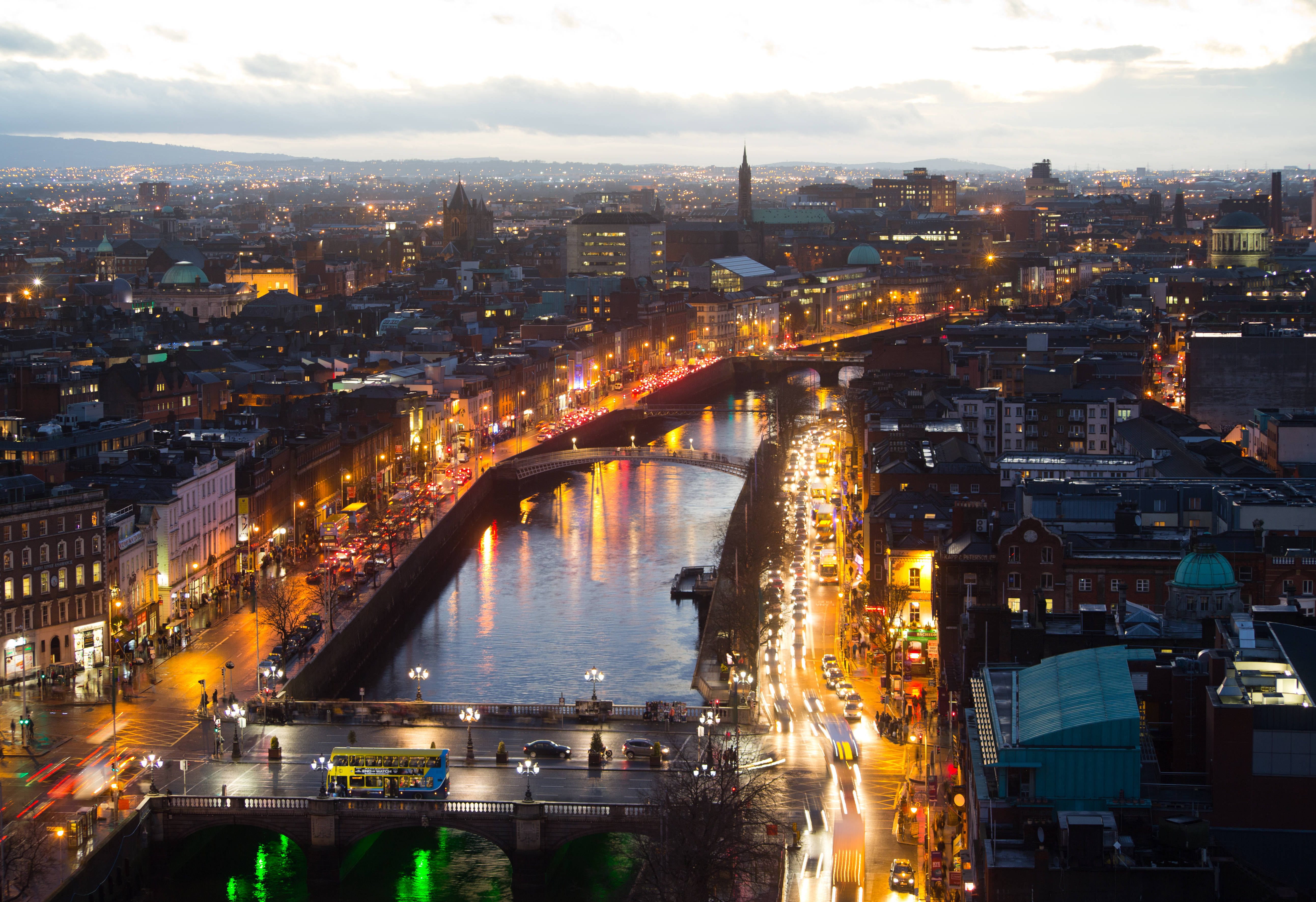 Dublin, city at dusk, glowing streetlights, 5K Desktop Wallpaper