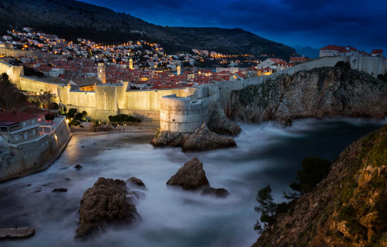 Dubrovnik, ancient stone walls, deep blue twilight sky, HD Desktop Wallpaper