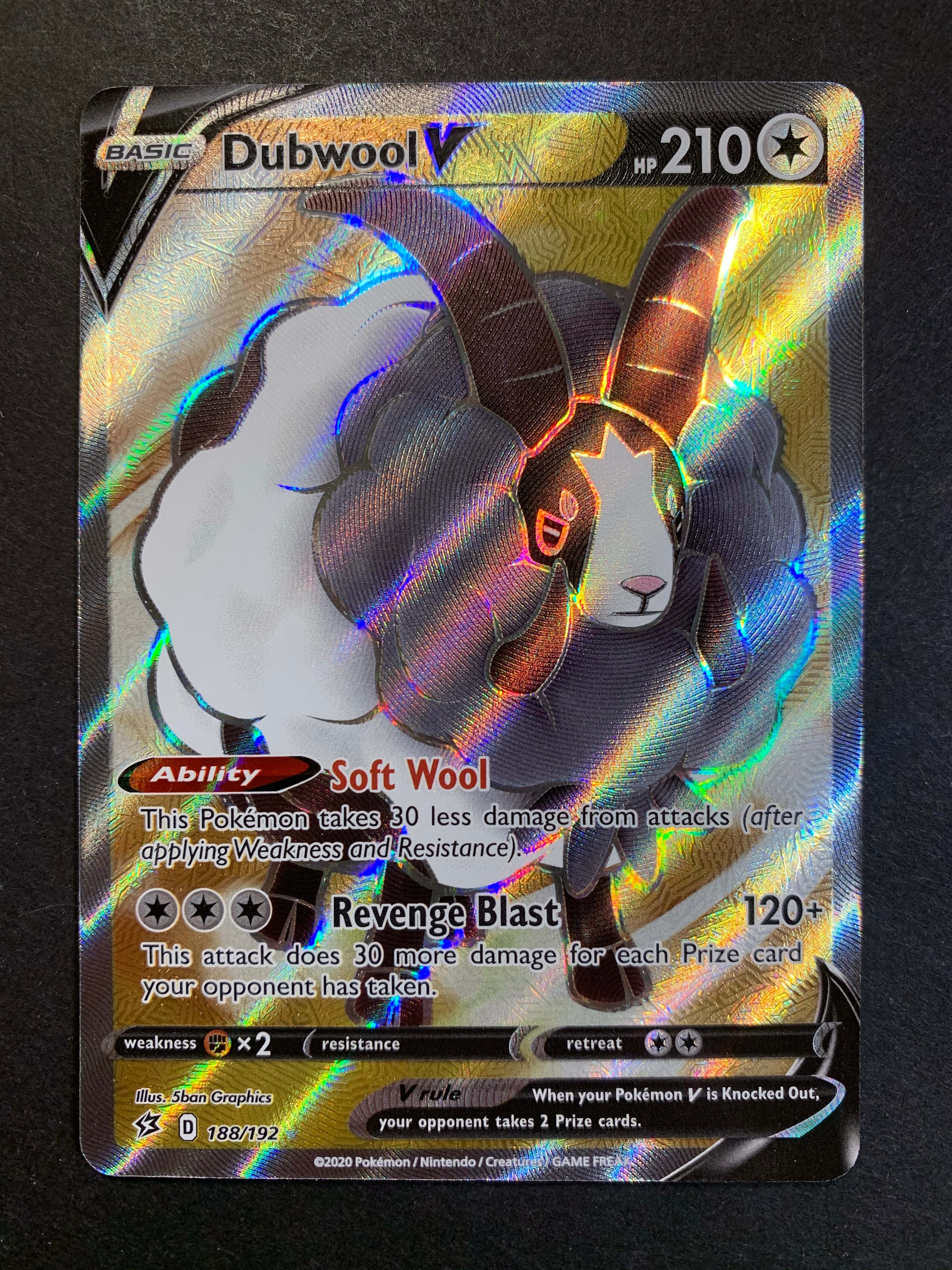 Dubwool V, holographic Pokémon card, rainbow iridescent foil, 4K Phone Wallpaper