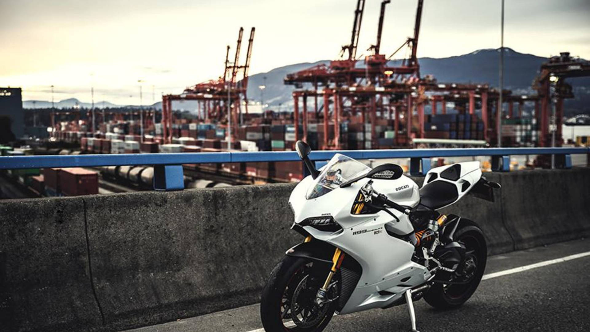 white Ducati, sport motorcycle, container port, Full HD Desktop Wallpaper