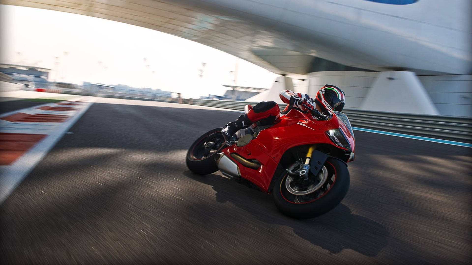 Ducati, red sport motorcycle, sunlit racetrack, Full HD Desktop Wallpaper