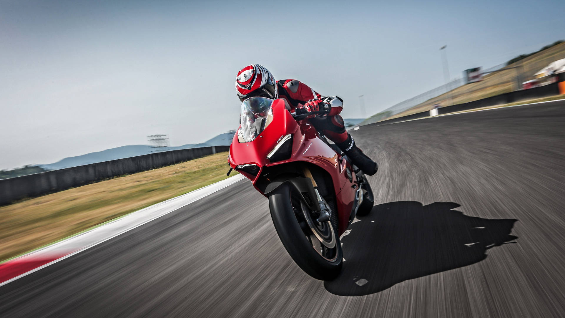 Ducati, red sport motorcycle, rider in full gear, Full HD Desktop Wallpaper
