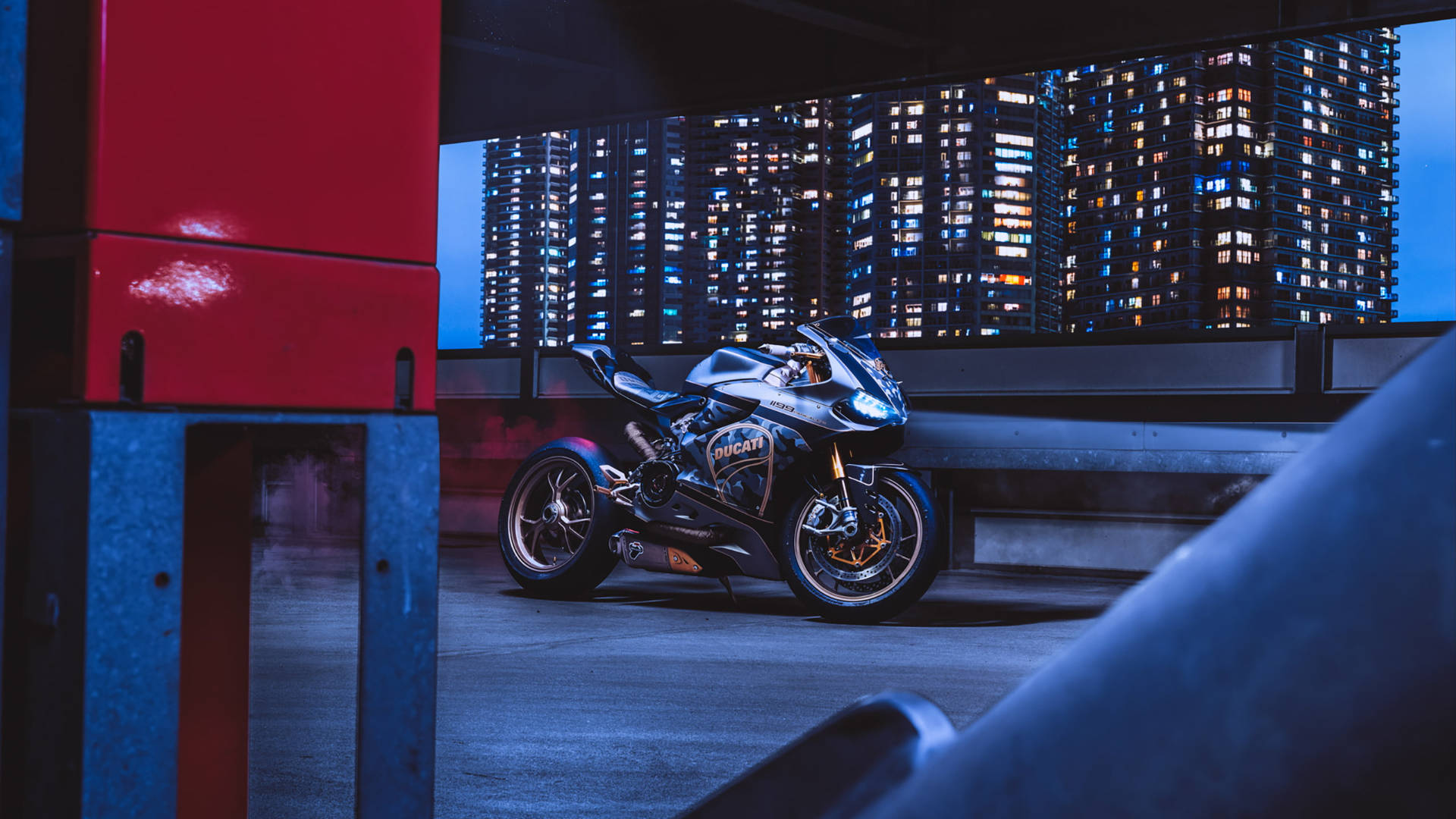 Ducati 1199, neon lights, rooftop, Full HD Desktop Wallpaper