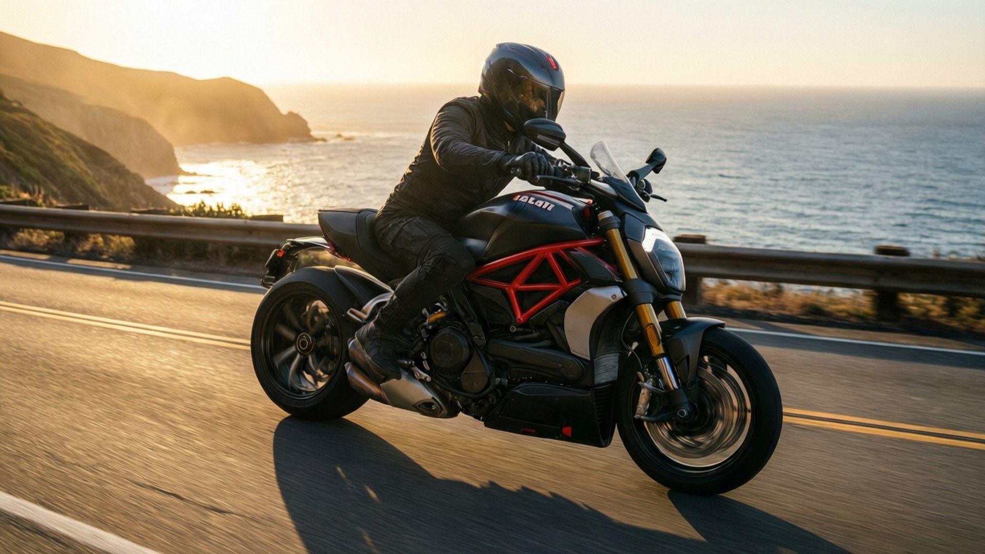 Coastal Cruiser, black and red Ducati motorcycle, coastal highway, Full HD Desktop Wallpaper