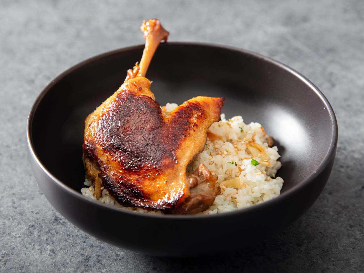 crispy koji duck rice confit, duck leg, white rice, HD Desktop Wallpaper