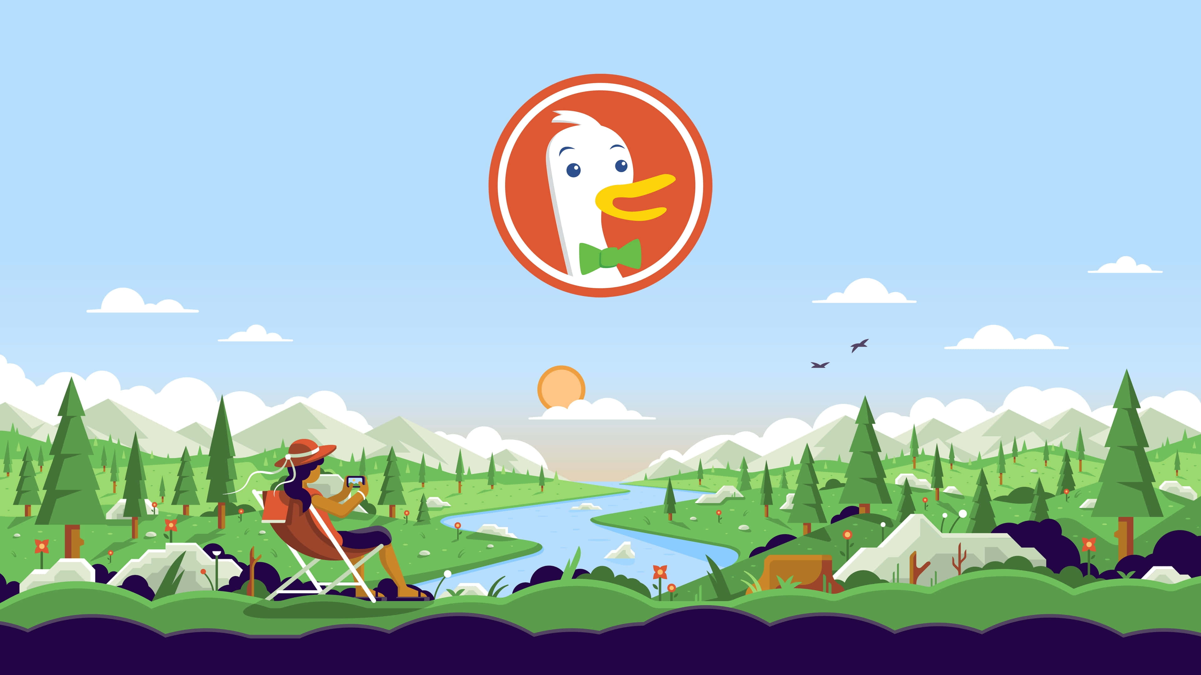 Duckduckgo, floating duck logo, vibrant green valley, 4K Desktop Wallpaper