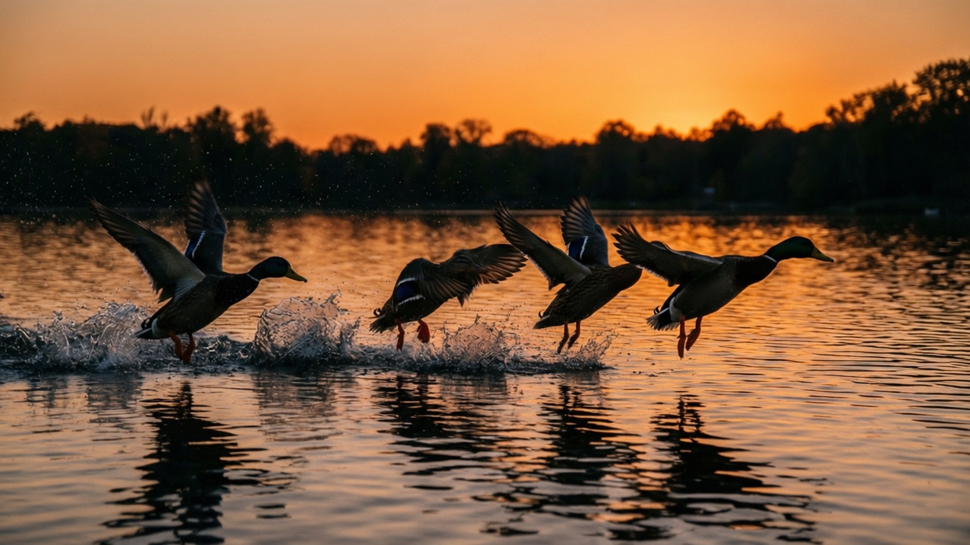 ducks, sunset, tranquil lake, Full HD Desktop Wallpaper